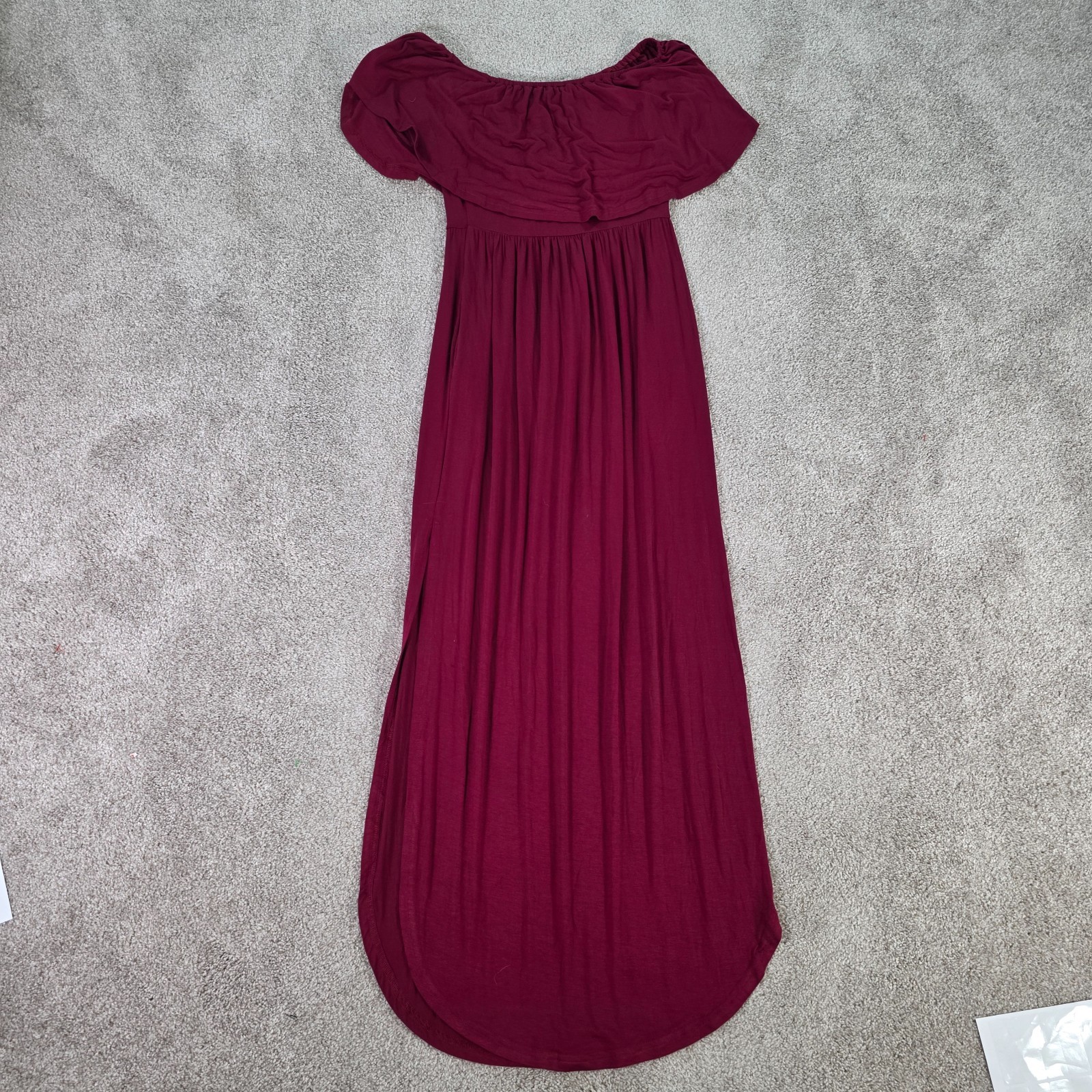 LILBETTER Women Off The Shoulder Ruffle Side Split Maxi Dress Wine Medium NEW