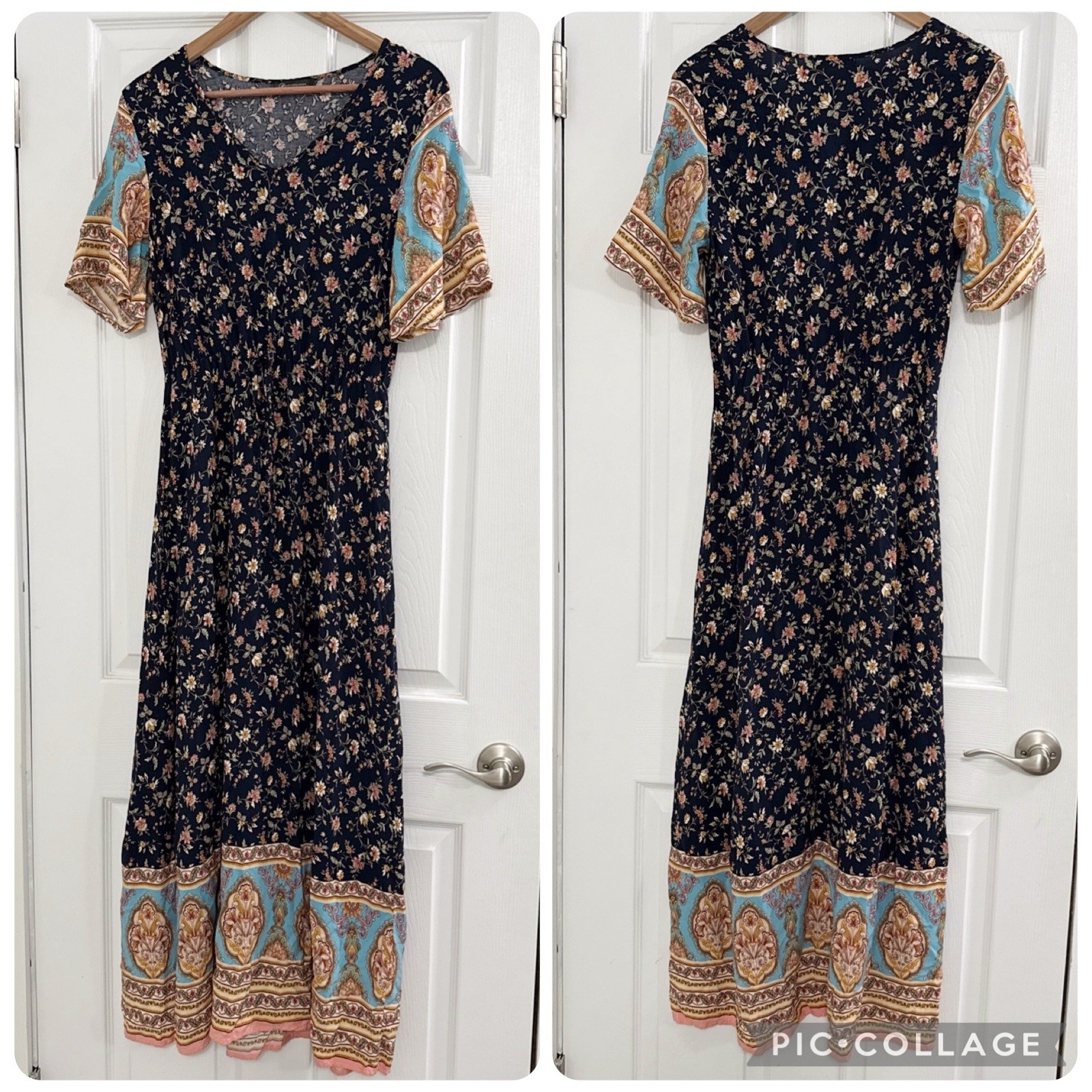 Cottagecore Pretty Garden Floral Maxi Dress M Navy Boho Fairycore Viscose