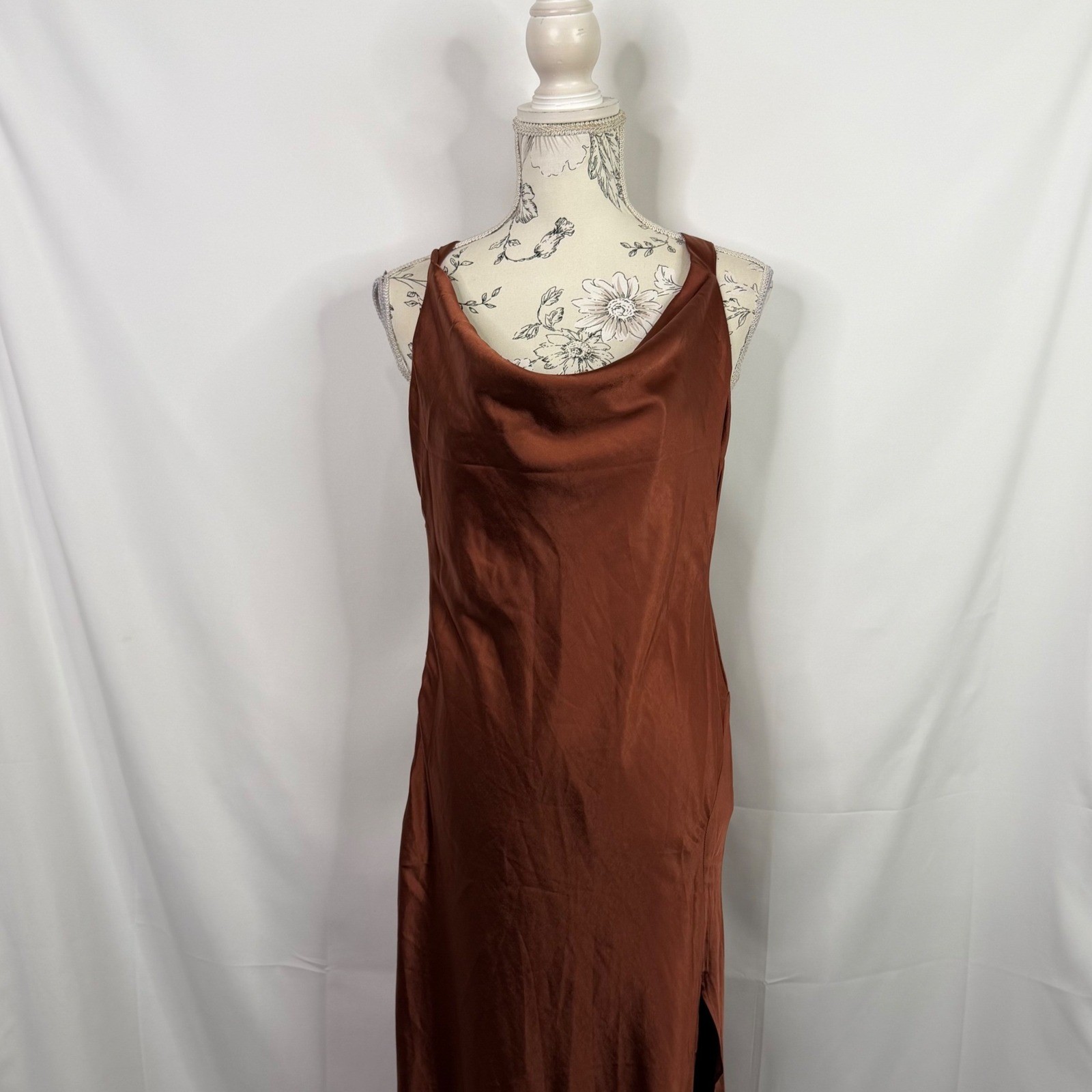 Billy J Sian Maxi Dress Rust Satin Cowl Neck Tie Back Formal Gown Size 10 NEW
