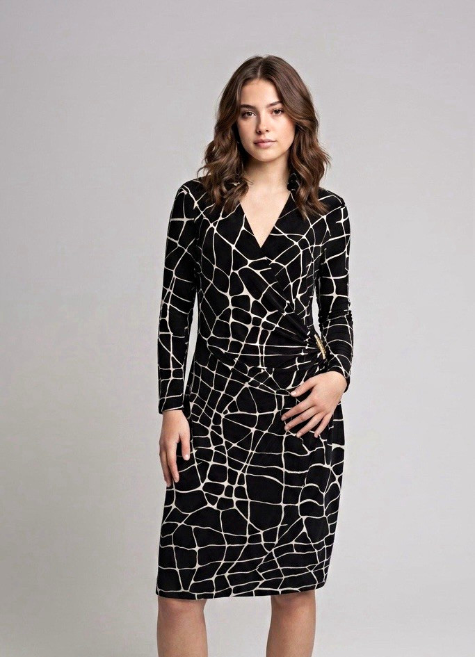 Jones New York Black/White Geometric Knit V-Neck Wrap Ruched Stretch 10