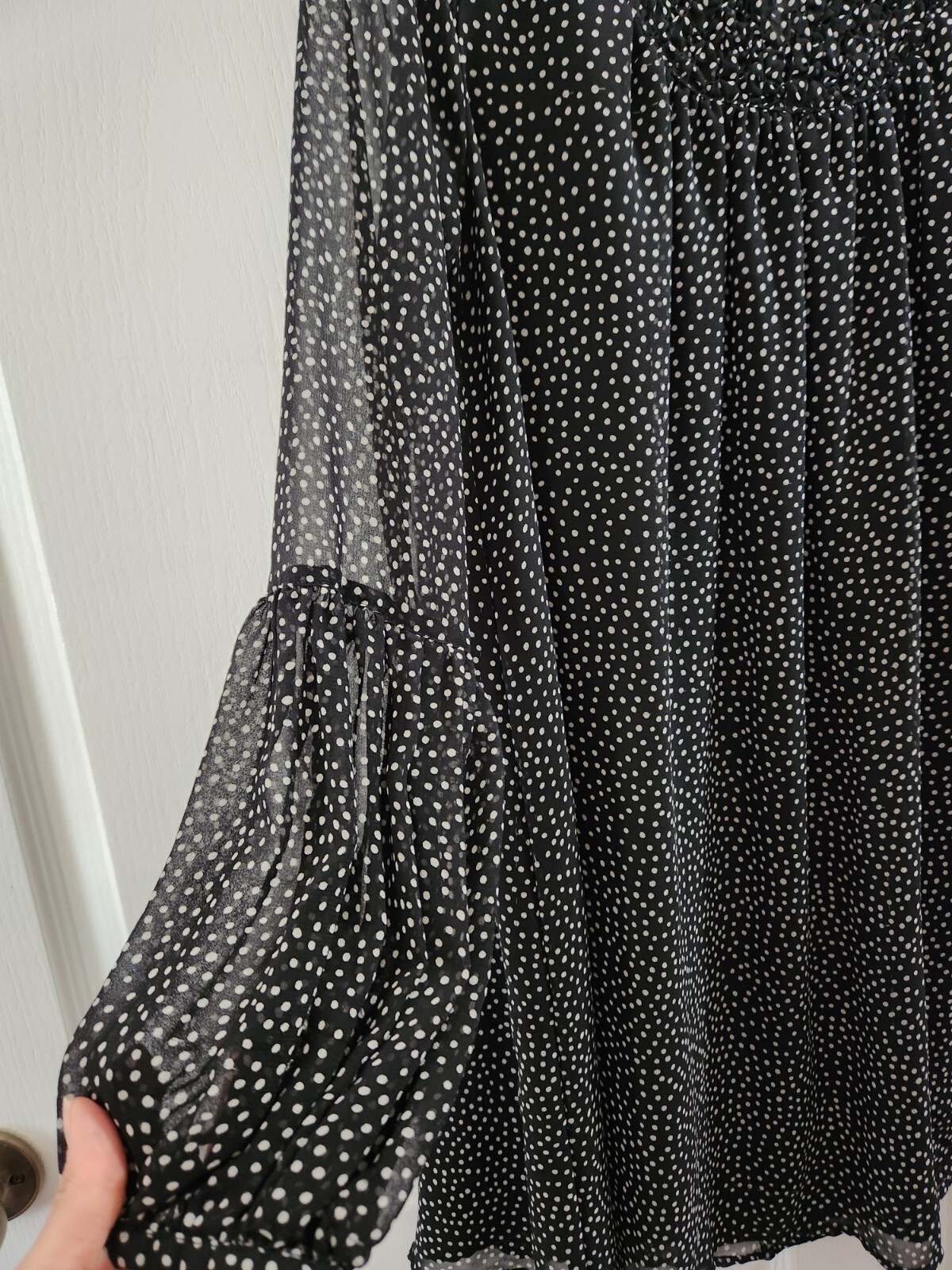 ZARA Collection Smocked High Neck Black/Ivory Polka Dot Dress Long Sleeve Size S