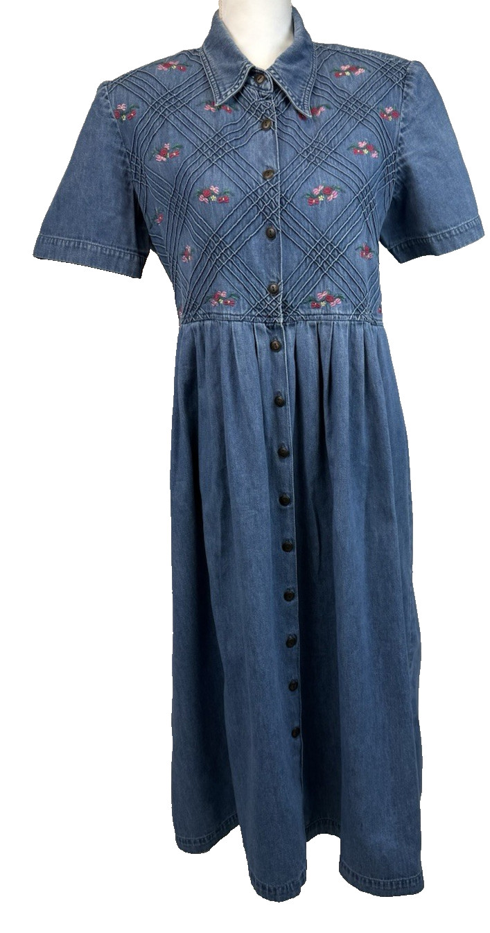 Country Cowgirl Embroidered Denim Button Front Dress Size 14 Blue Boho Prairie