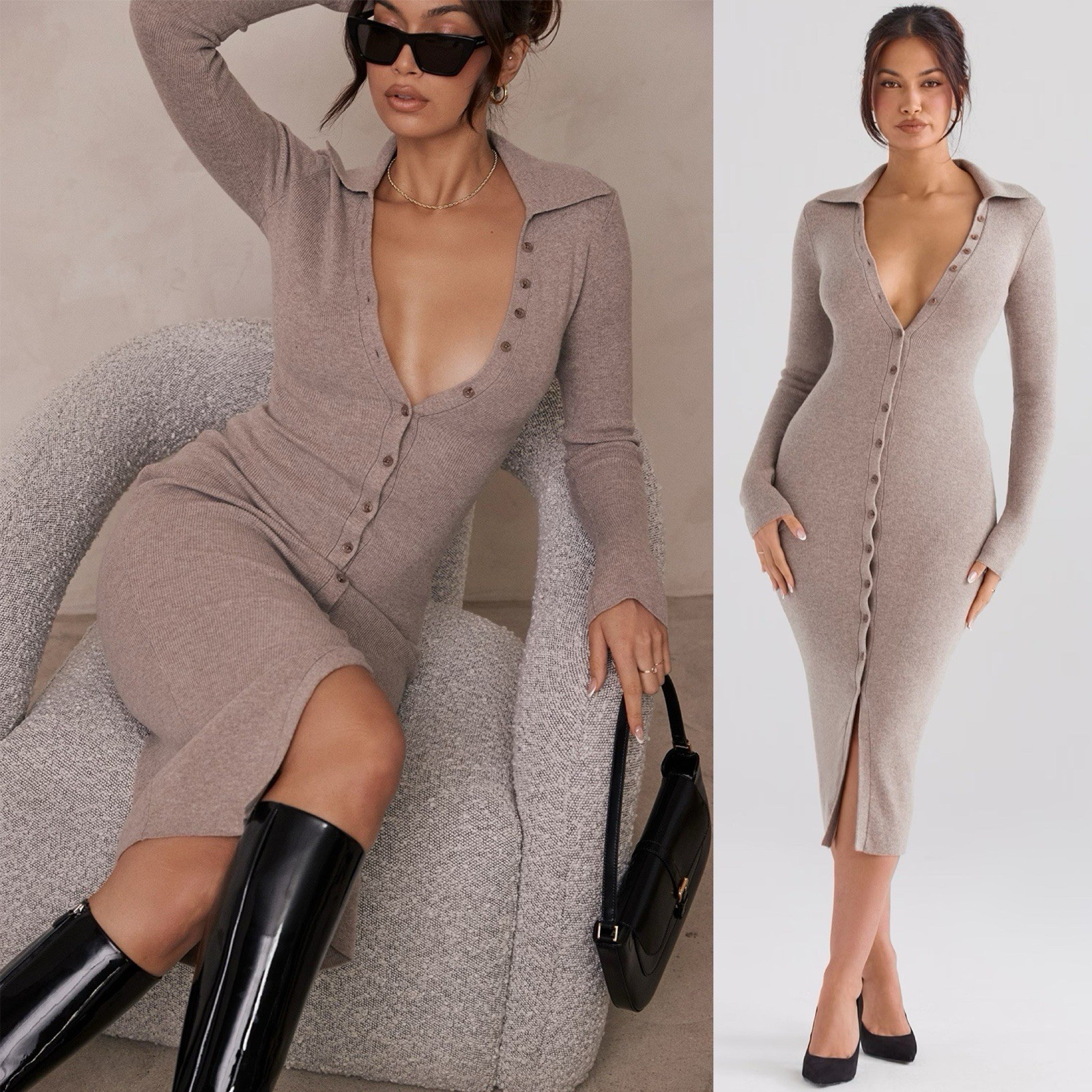 House of CB Yvette Cashmere Knit Button Front Sweater Midi Dress Beige Size XS