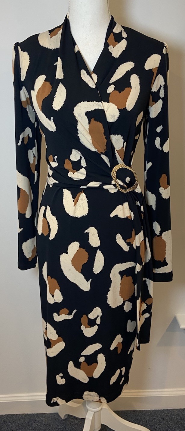 Joseph Ribkoff Faux Wrap Dress Stretch Black Brown White Gold Size 6