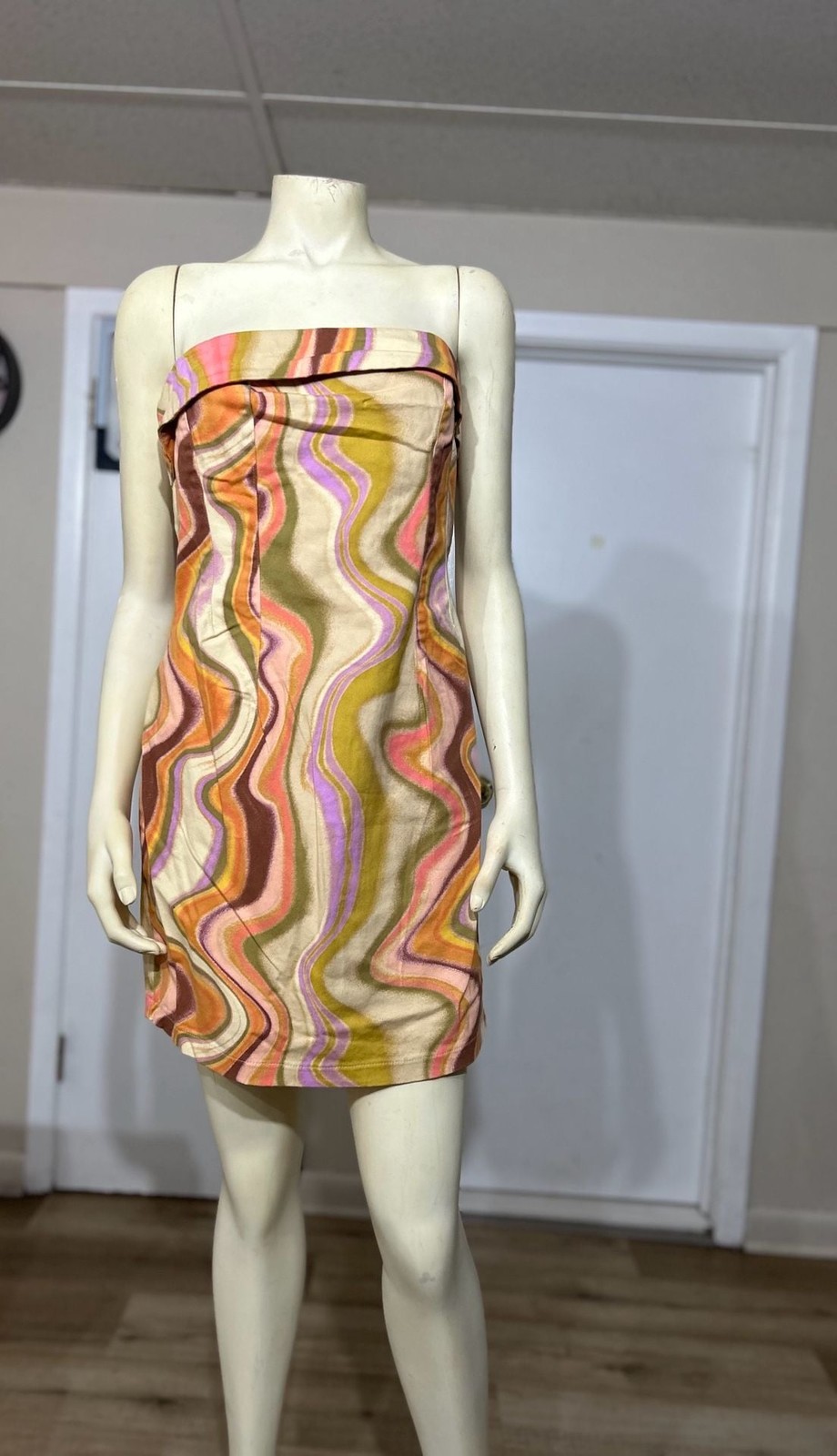Wild Fable Multi-Wave Print Strapless Lace-Up Bodycon Mini Dress