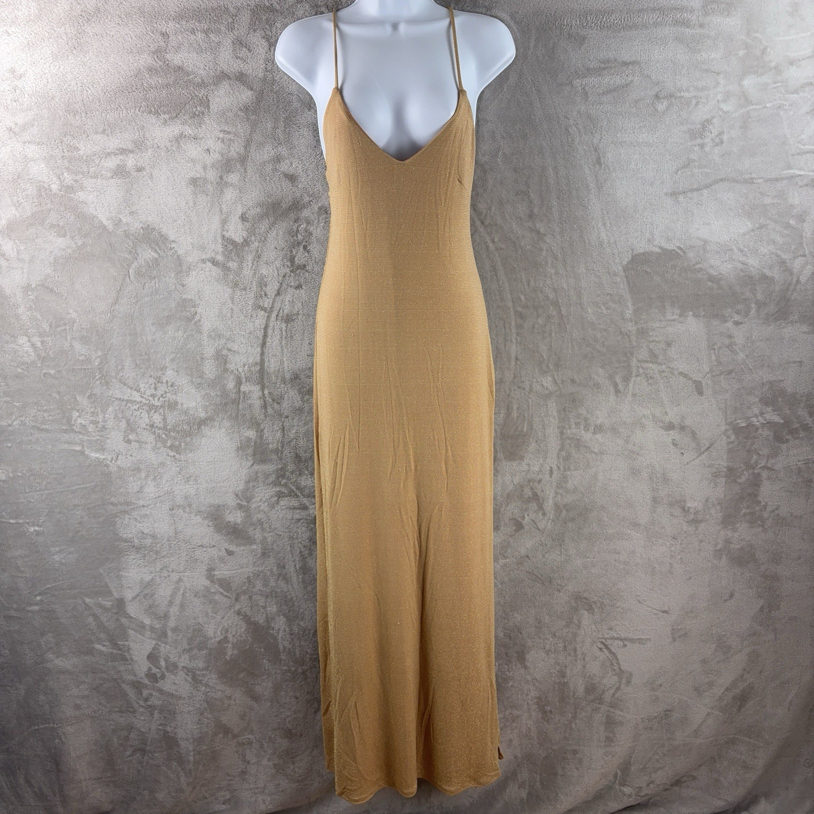 Revolve NBD Slip Maxi Dress Womens Size XS Gold Spaghetti Strap Bodycon