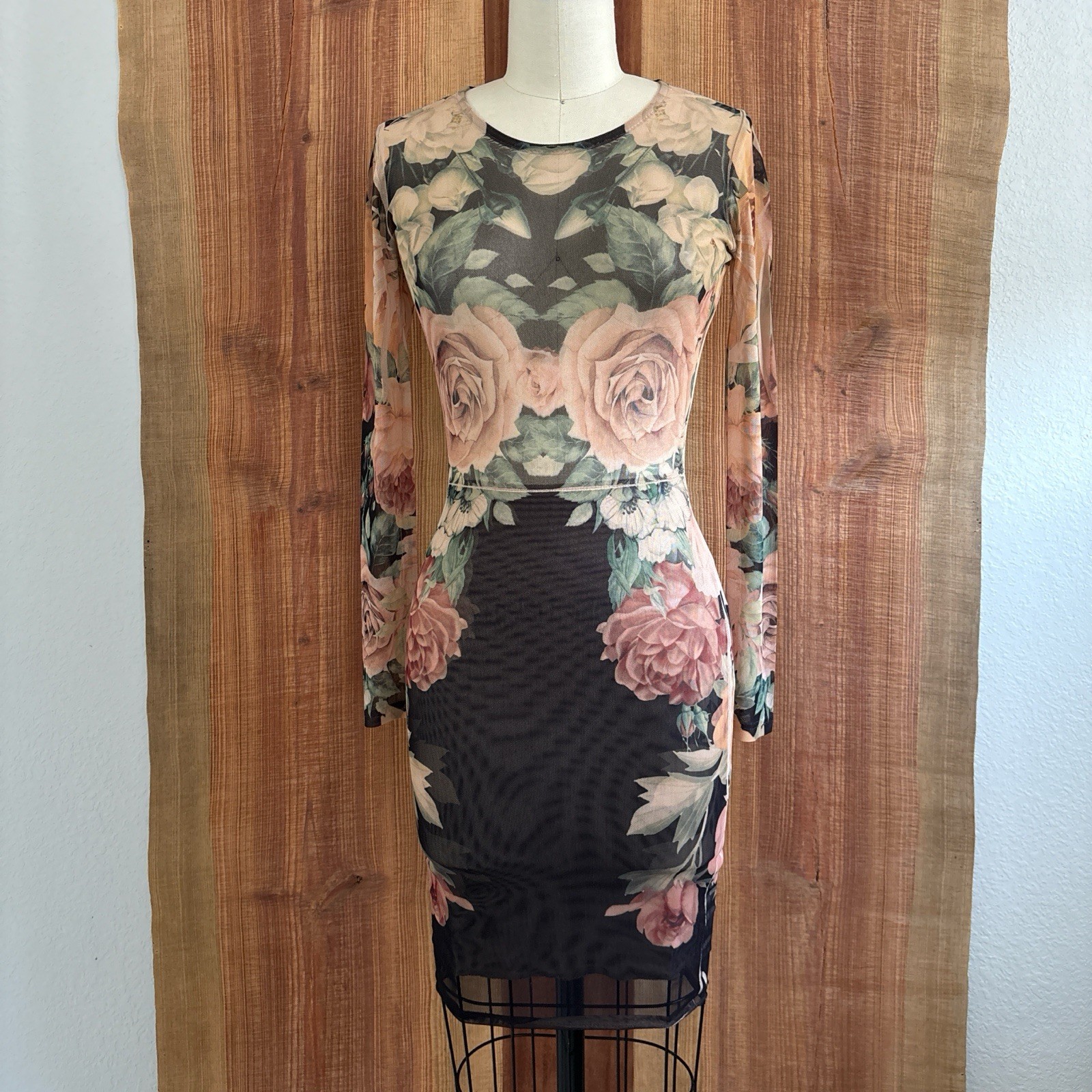Mesh Bodycon Dress Long Sleeve Stretch Rose Sheer Top S Y2K Charlotte Russe
