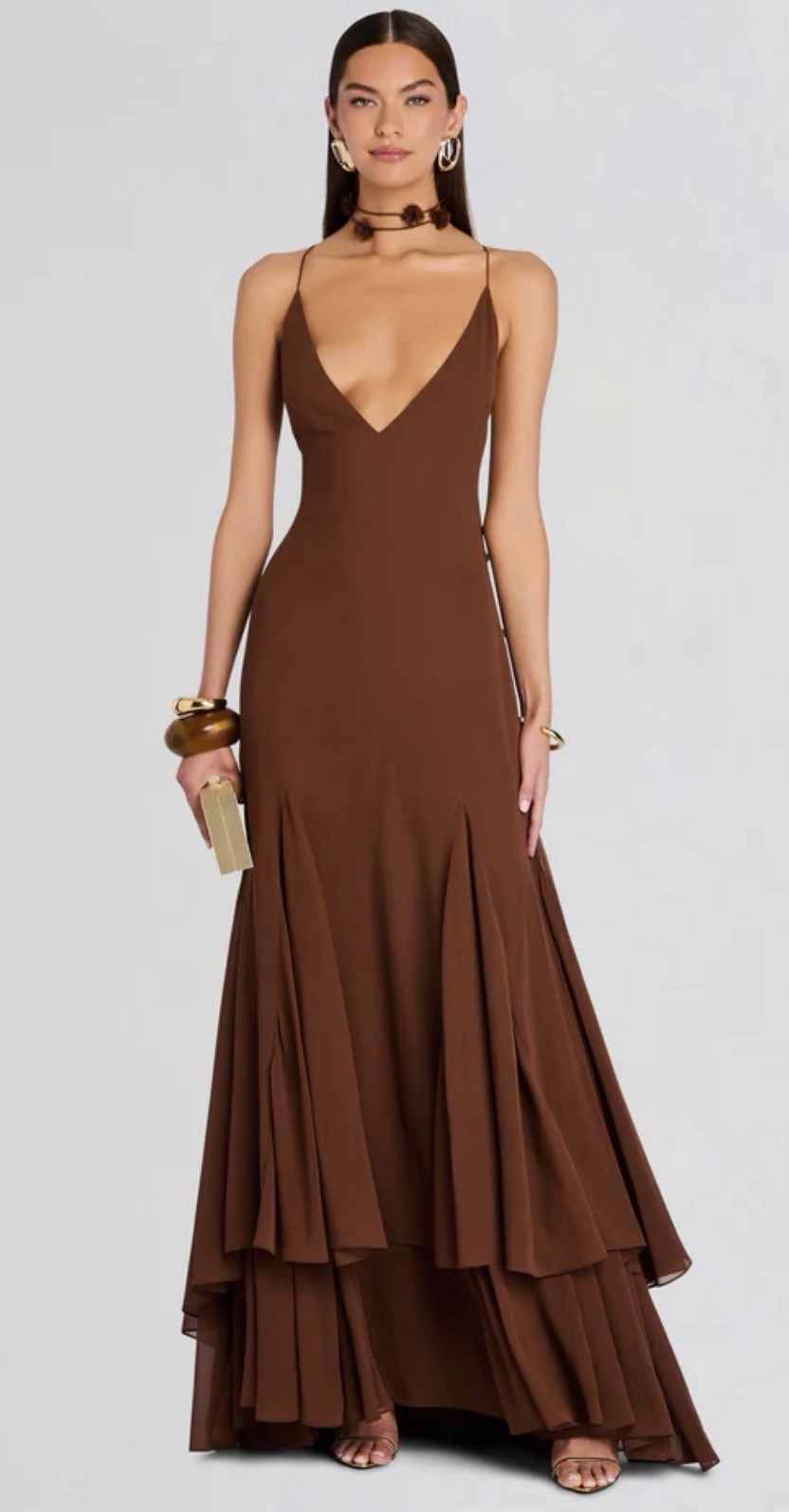 Retrofête $1298 DEENA CHIFFON DRESS Brown Silk Long Dress Backless Size Small