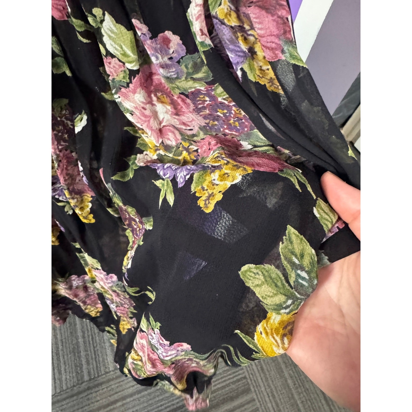 Nostalgia Black Floral Sheer Overlay Maxi Dress L 13/14 Boho Cottagecore vintage