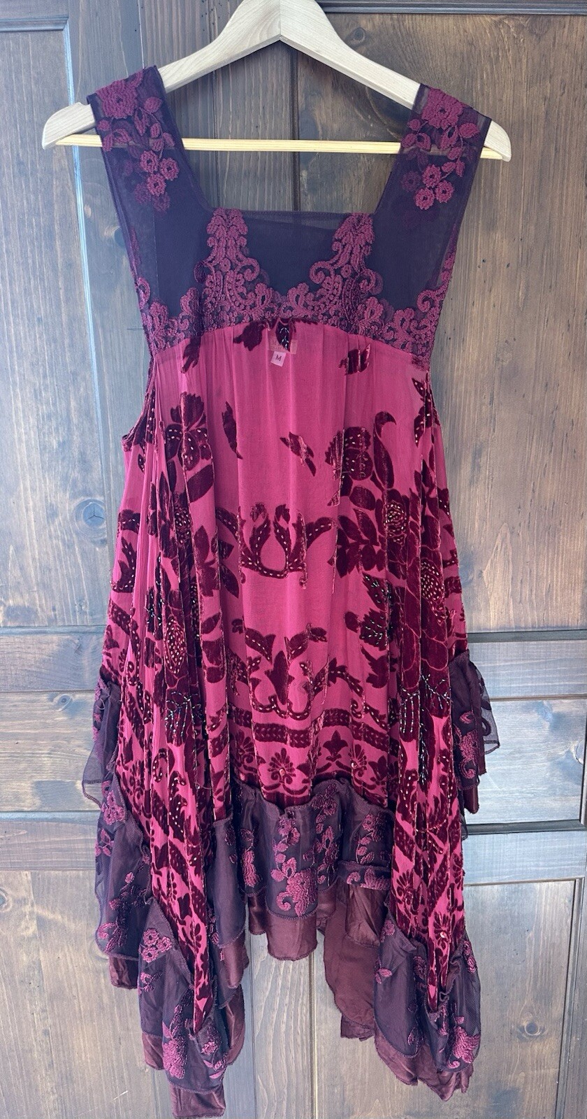 Mina collection tunic dress beaded lace velvet square neck Burgund Size m