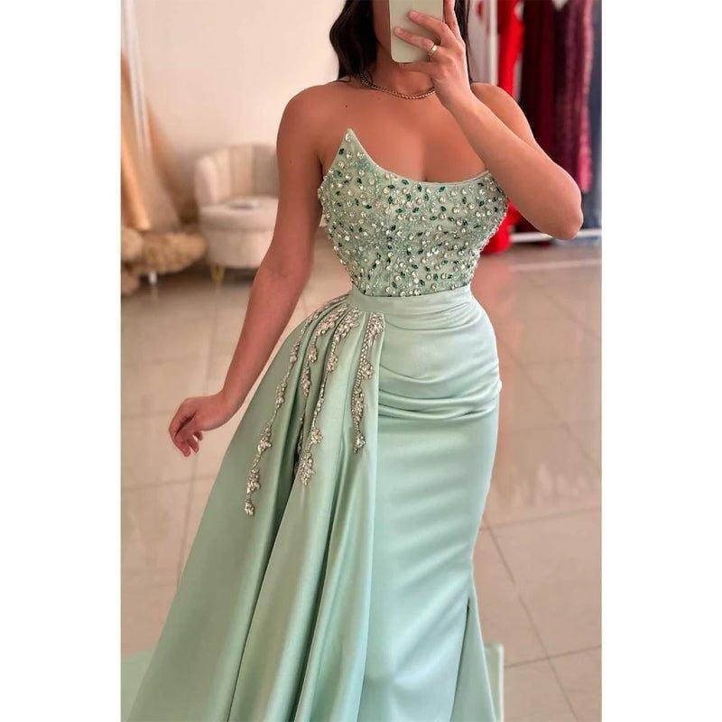 Elegant Mint Green One-Shoulder Evening Gown / Prom Dress with Beaded Detail