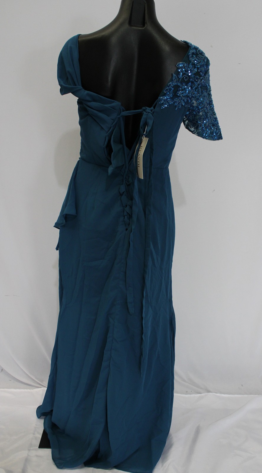 Ryanth Women’s One Shoulder Mermaid Pleated Chiffon Maxi Dress SV3 Peacock 6 NWT