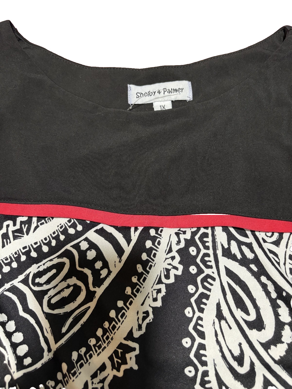 Shelby & Palmer Womens Black & White Paisley with Red Trim Sleeve Dress XL / 1X