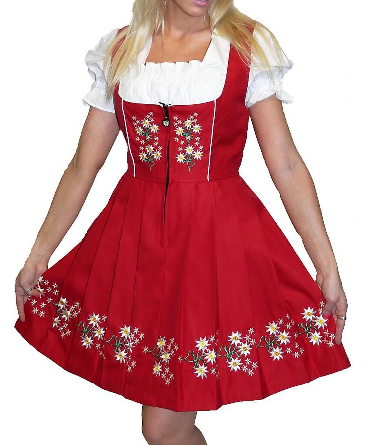 14 L Red German Dirndl Dress Short EMBROIDERED Oktoberfest COTTON 3 Pc SET