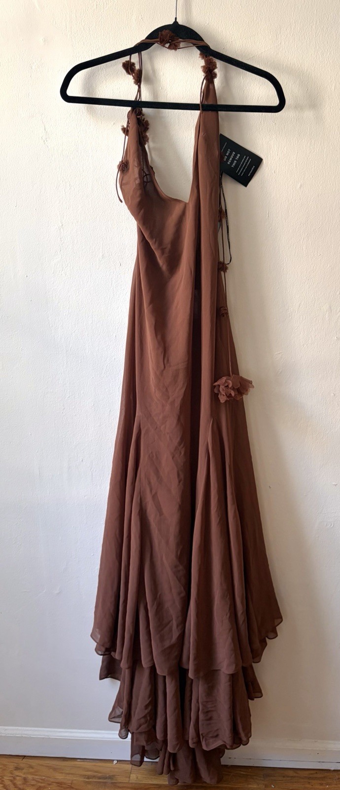 Retrofête $1298 DEENA CHIFFON DRESS Brown Silk Long Dress Backless Size Small