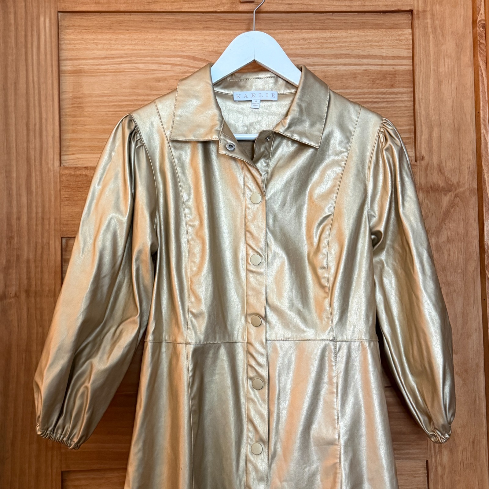 Karlie Gold Metallic Snap Button Puff Sleeve Faux Vegan Leather Dress size M