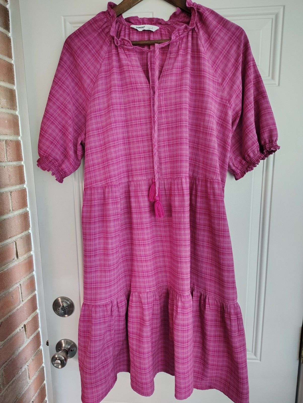 Sonoma Pink Plaid Tiered Midi Dress Boho Cottagecore Tassel Ties Large L