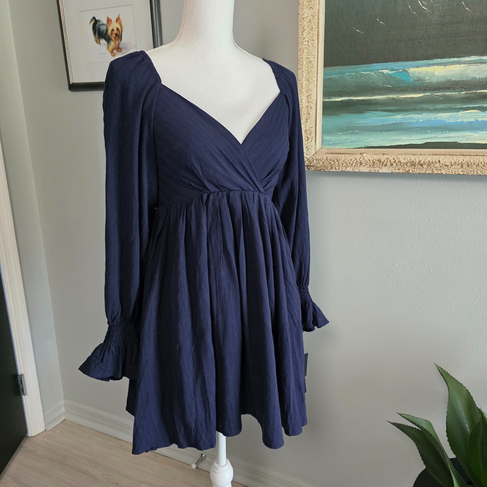 Lulus Navy Smock Gathered Top Bell Sleeve Dress size XS NWT