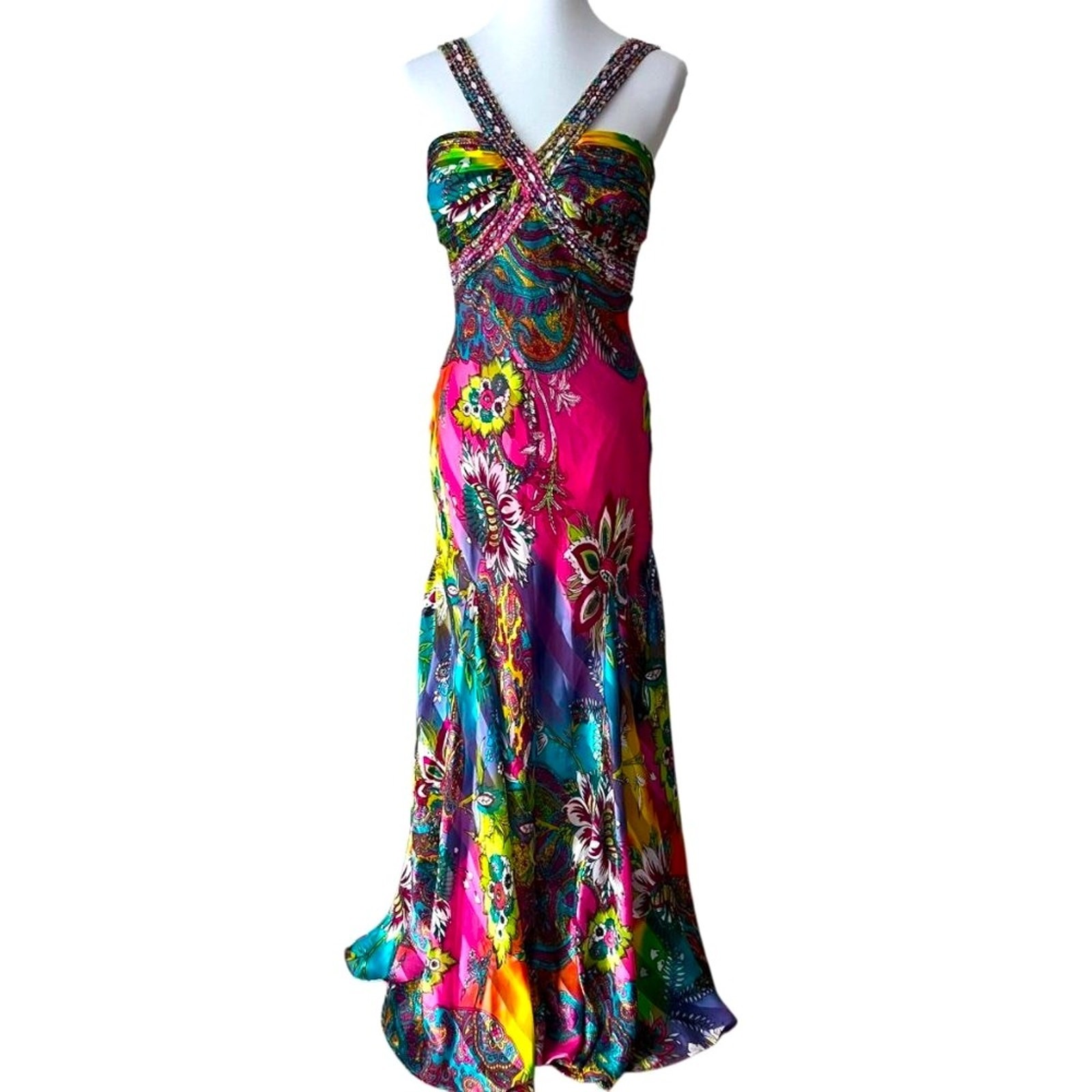 Vintage Formal Dress Small Gown Y2K Fairy Tropical Boho Hoco Beaded Cruise Max