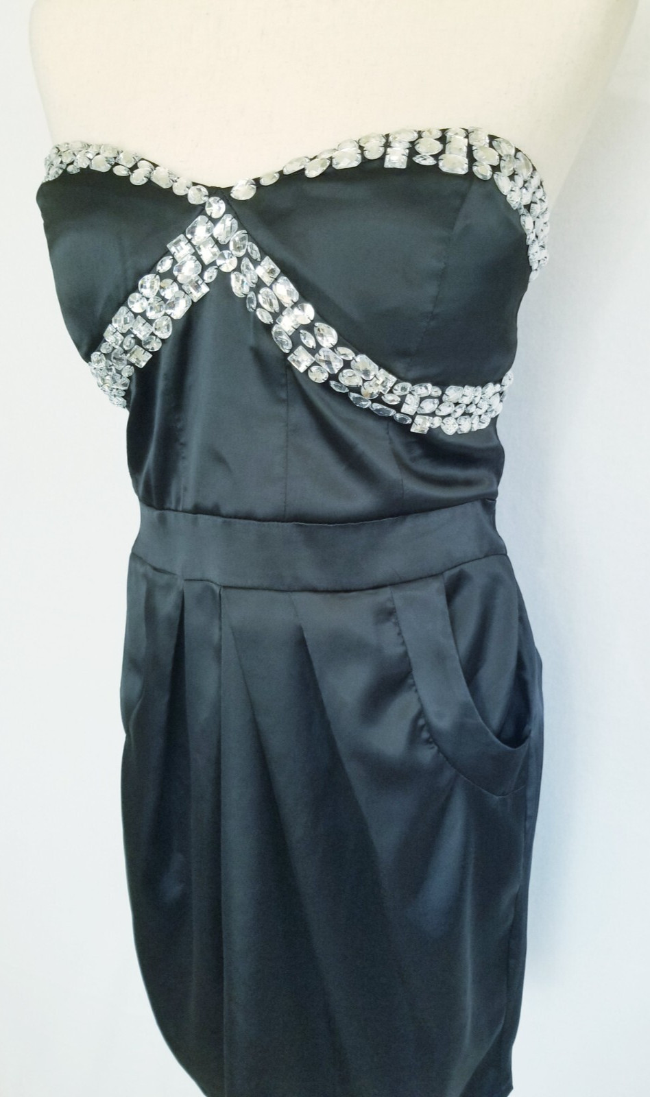 HAK Black Silver Rhinestone Mini Dress Sleeveless Pockets Soft Material Size 8