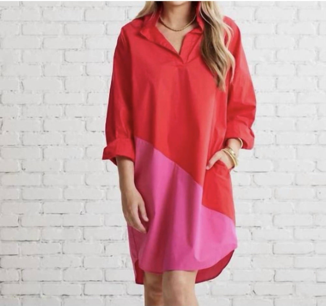 NWT CARYN LAWN Preppy Asymmetrical Shirt Dress in Red/Fuchsia One Size