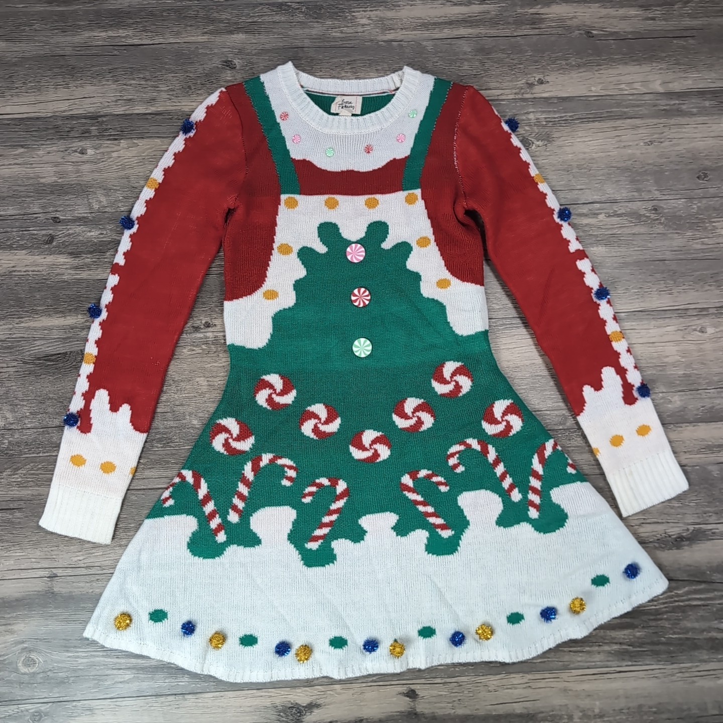 Kitschy Christmas Tree Holiday Fun Long Sleeve Dress Pom Poms Women’s XS