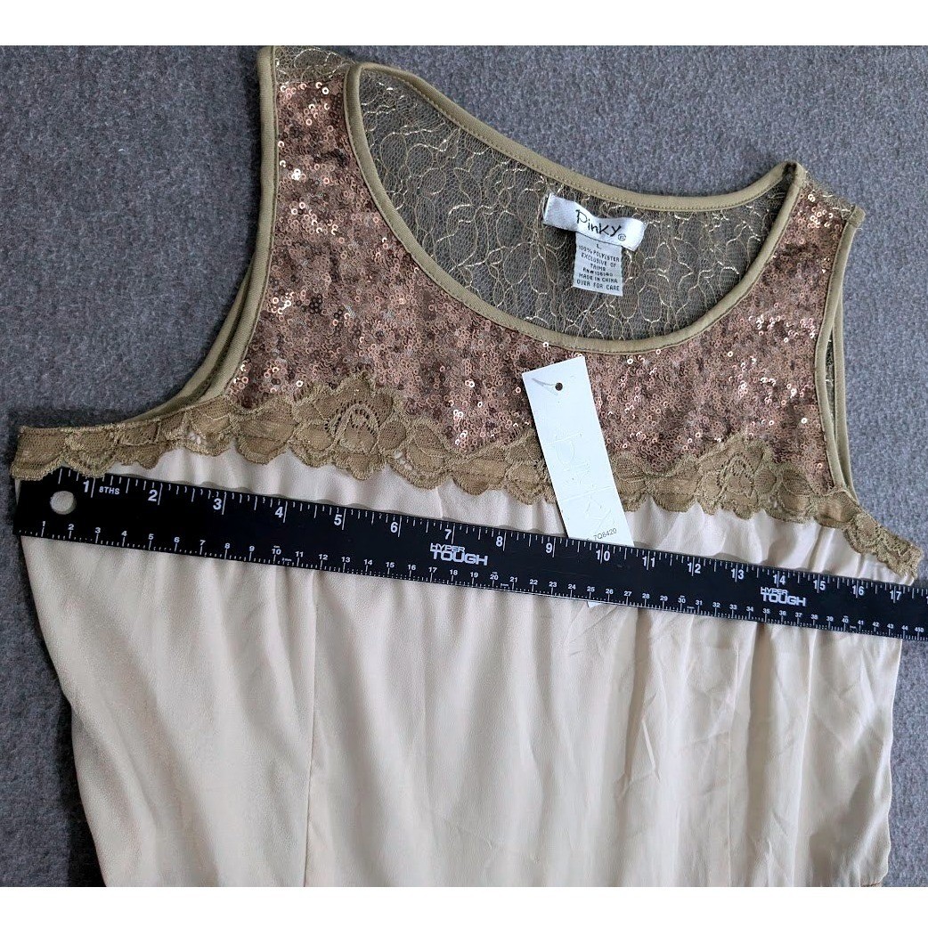 Pinky Womens Gold Sequin Lace Mesh L Fit Flare Party Dress Cream Bronze NWT
