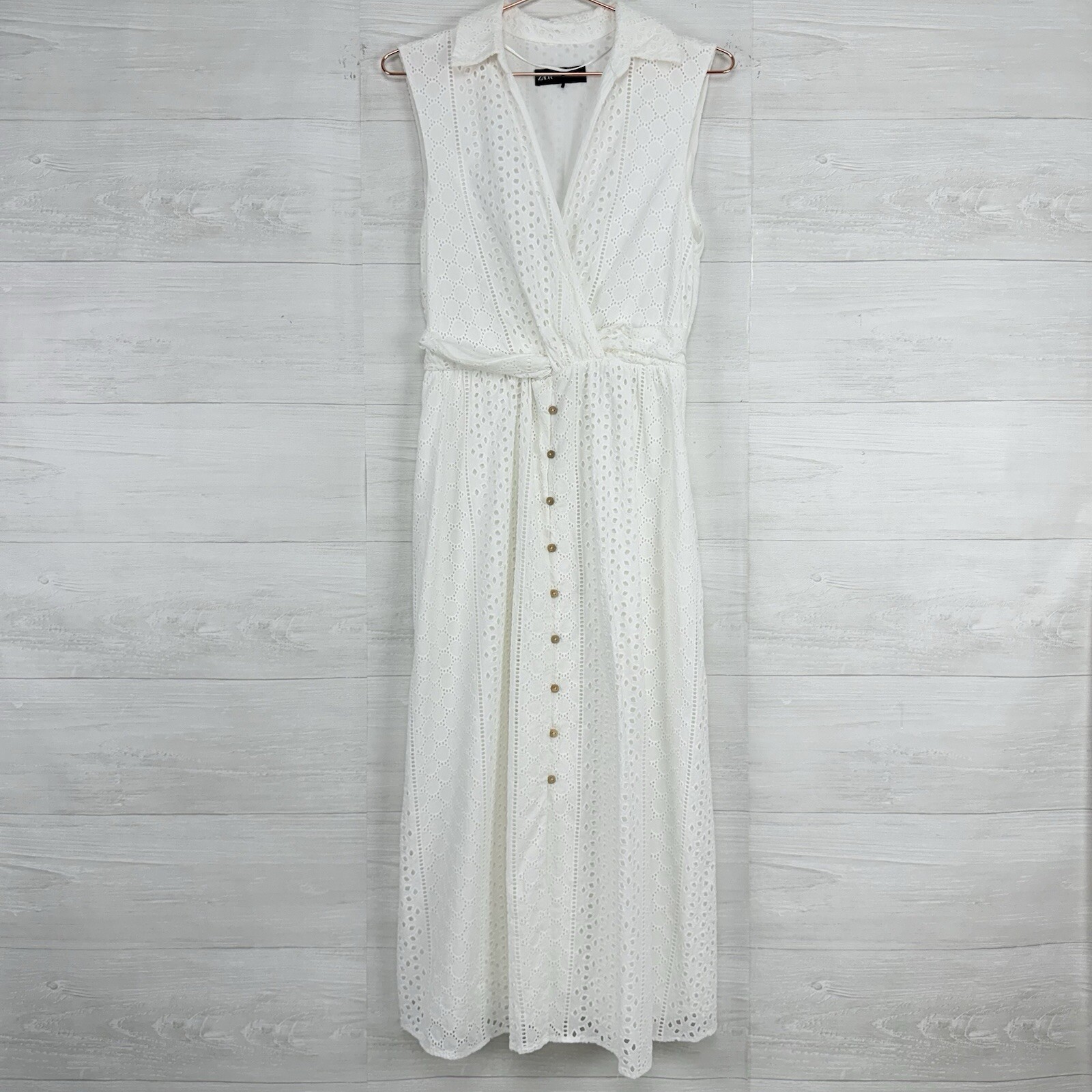 ZARA Openwork Embroidered Eyelet Midi Dress L White Sleeveless V Neck Feminine