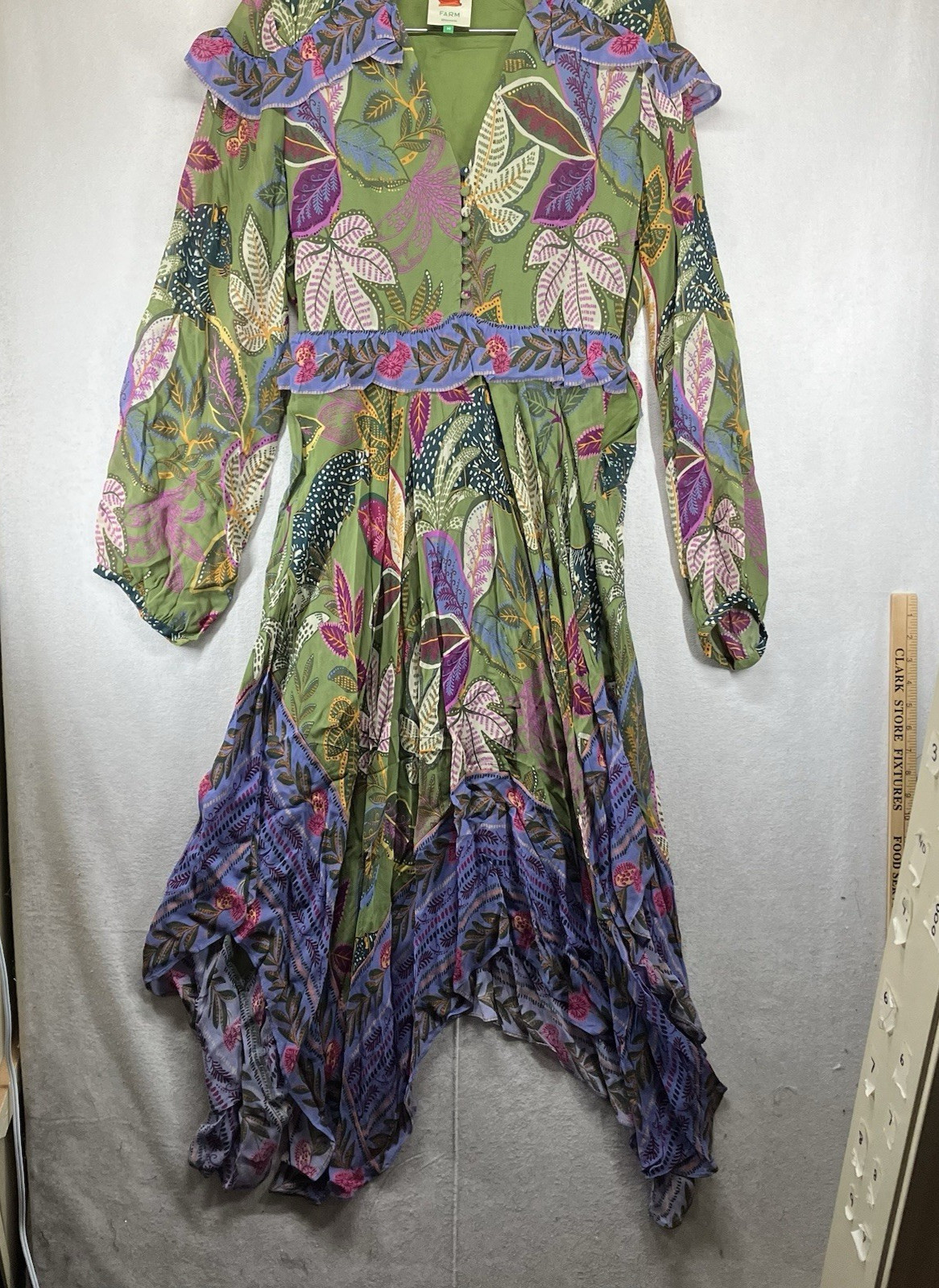FARM RIO Women CHIFFON Wild JUNGLE Green Handkerchief MIDI Drape Dress Medium