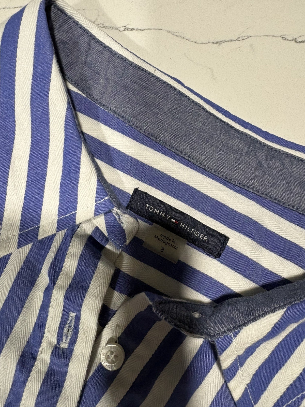 Tommy Hilfiger Striped Sleeveless Shirt Dress Blue White Button Front Size 8