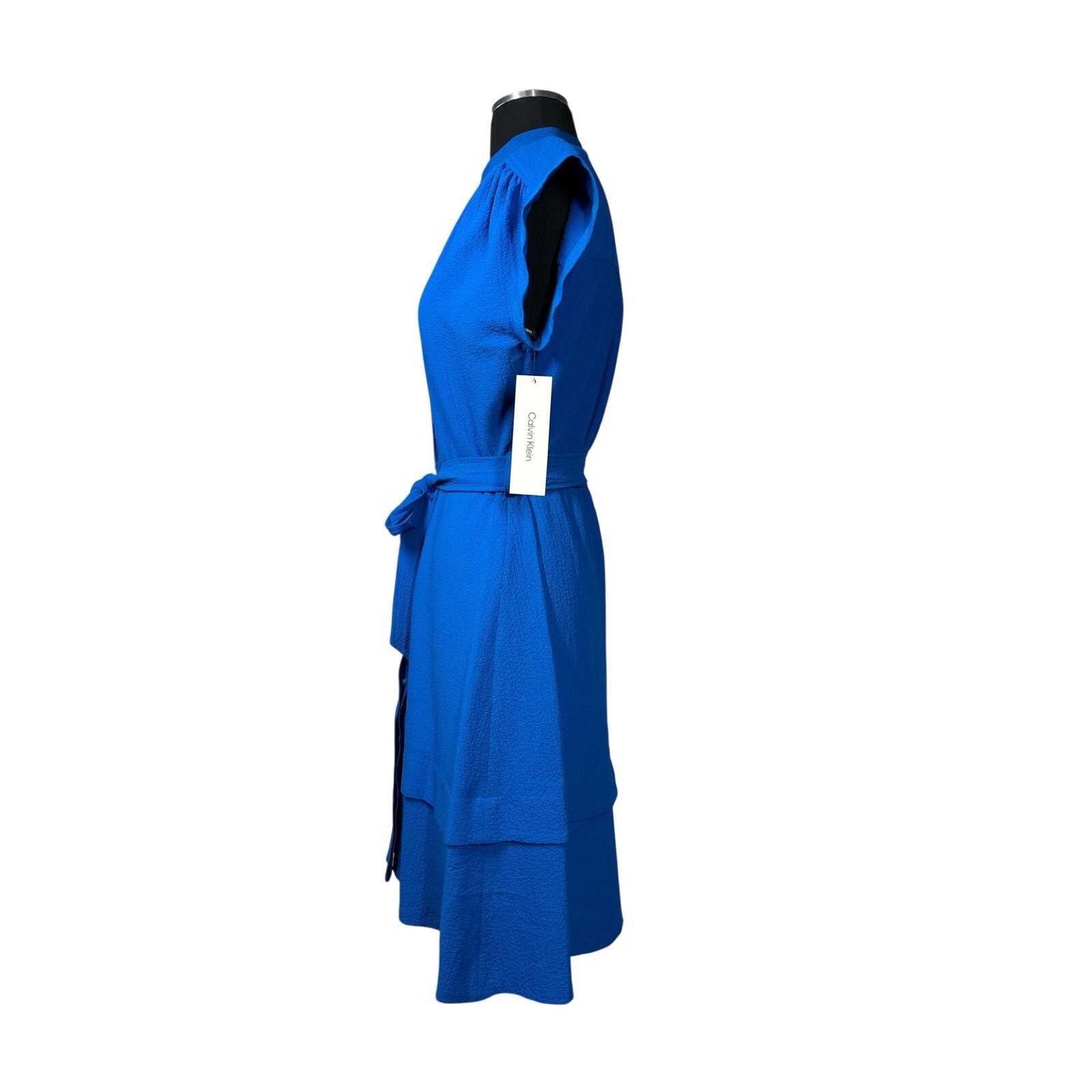 Calvin Klein Midi Button Front Dress Self Tie Textured Blue Sz 2 Office Career