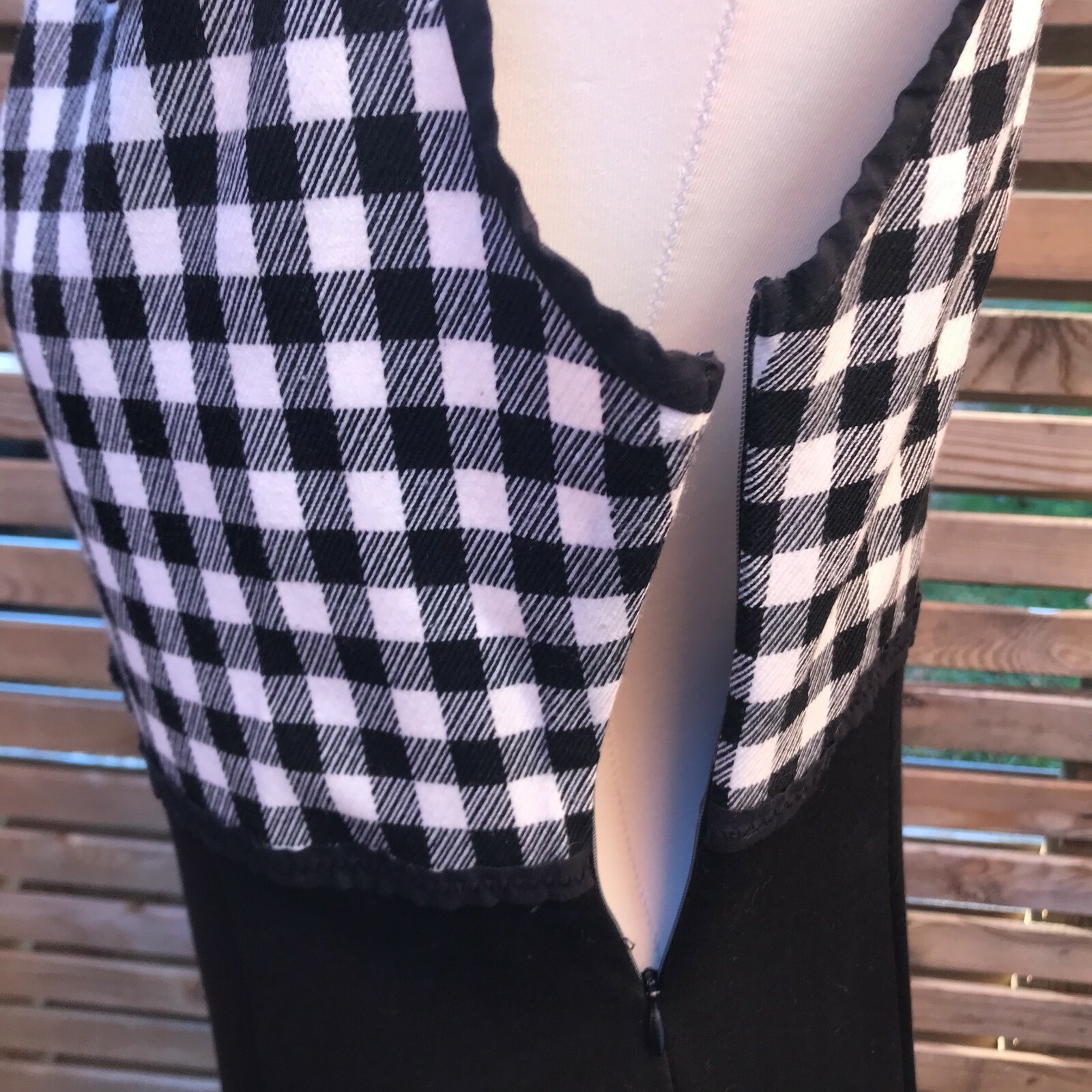 Cortefiel Black Dress With Gingham Bodice Size 14 UK Sleeveless Side Zip Smart