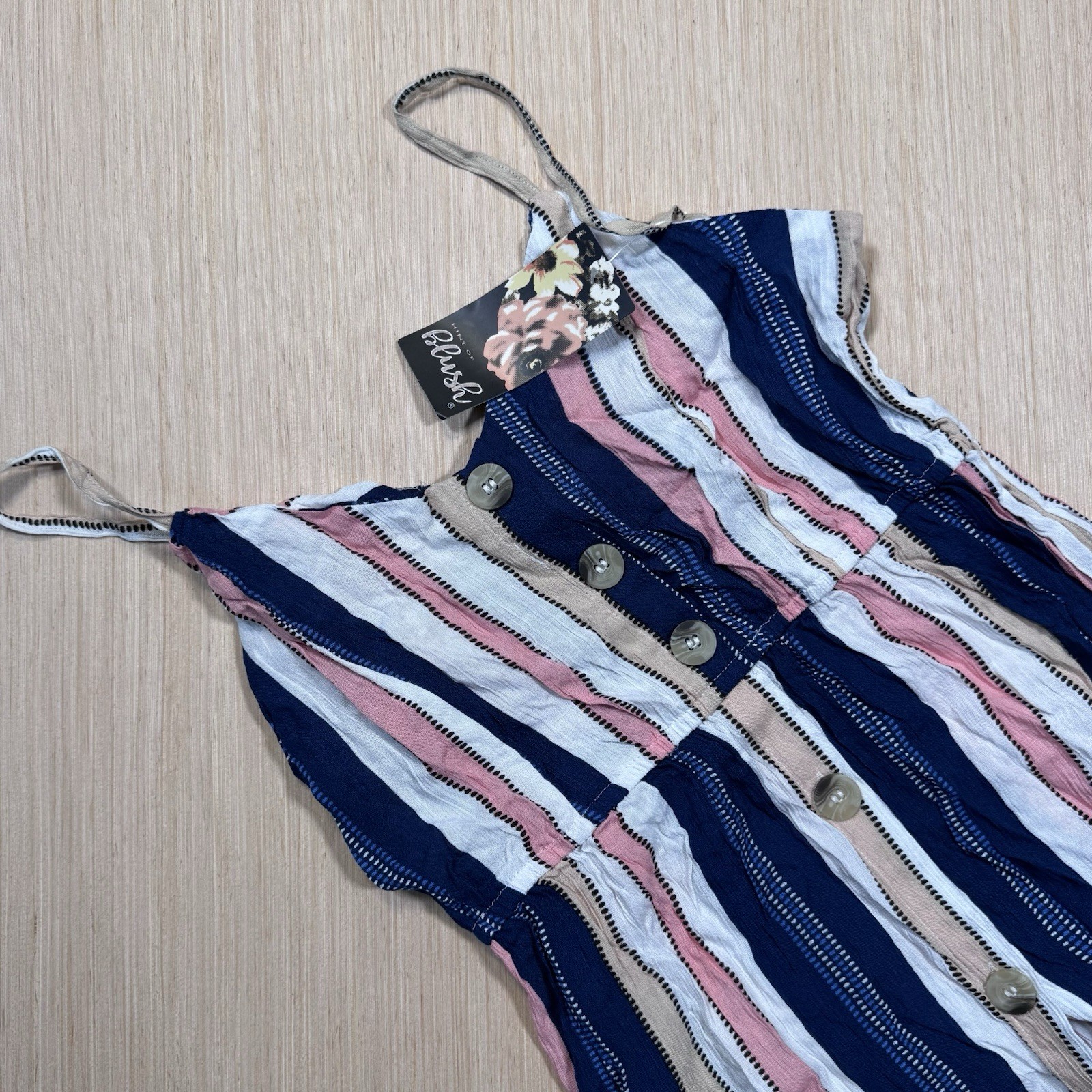 Blush Striped Button Front Sleeveless Midi Sundress Navy Pink White Beige Size M
