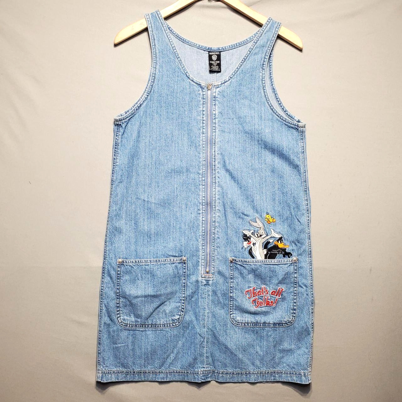 VTG Warner Bros Looney Tunes Denim Tank Dress Womens M Bugs Bunny Tweety 90s