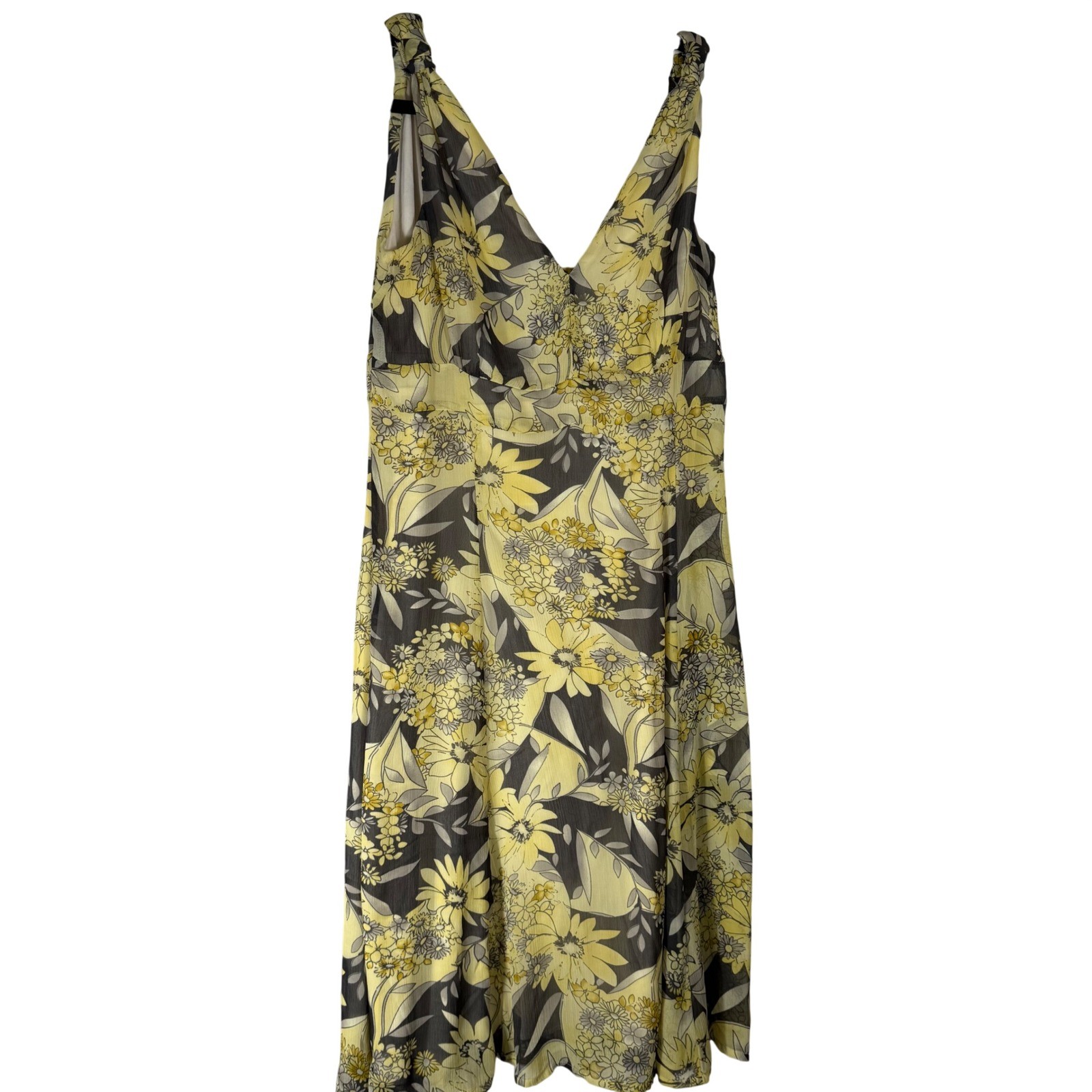 Touche Yellow Floral V-Neck Midi Dress Smocked Back Sleeveless Size 10 849808
