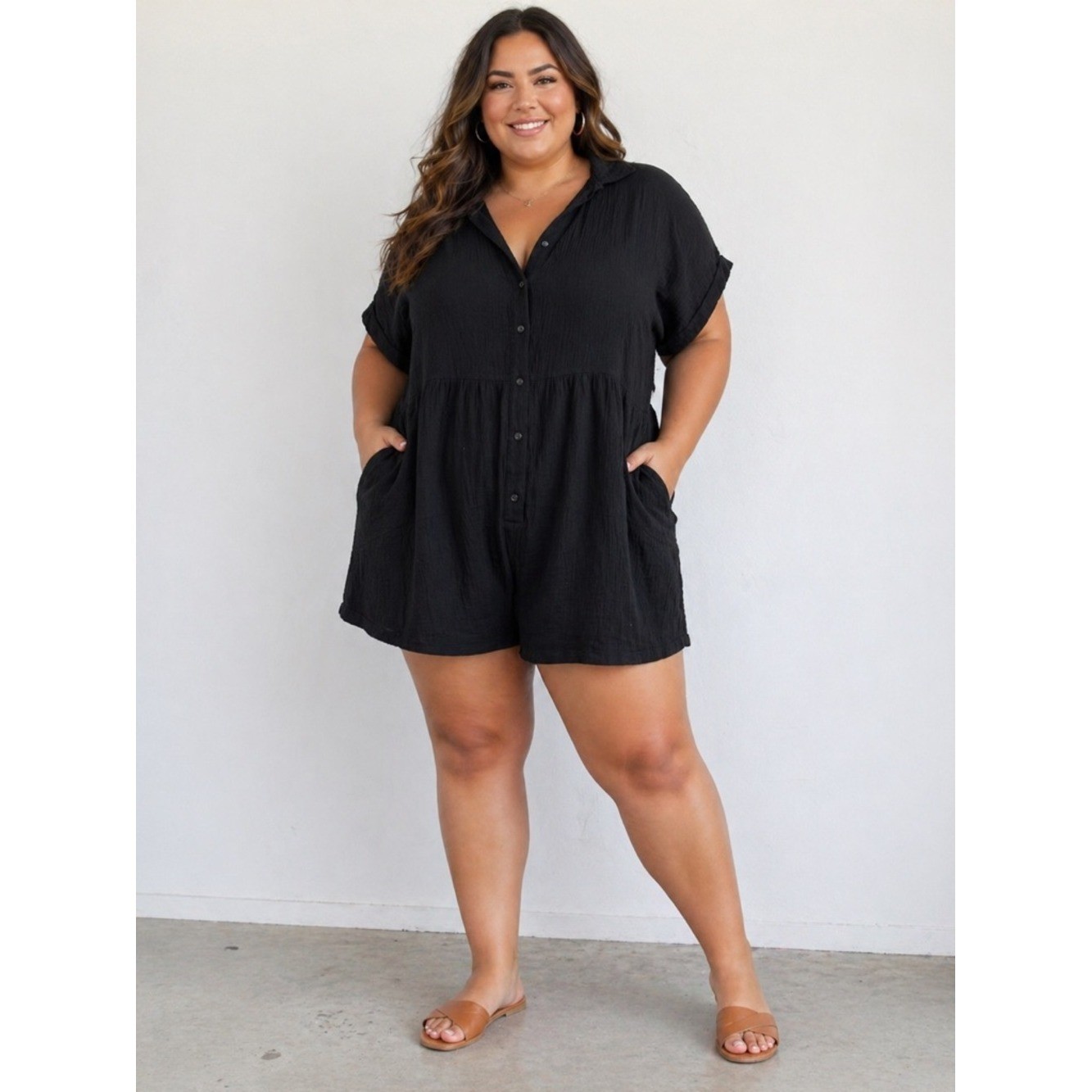 Petal & Pup Black Short Sleeve Button-Down Romper Casual Sz 16-Chic