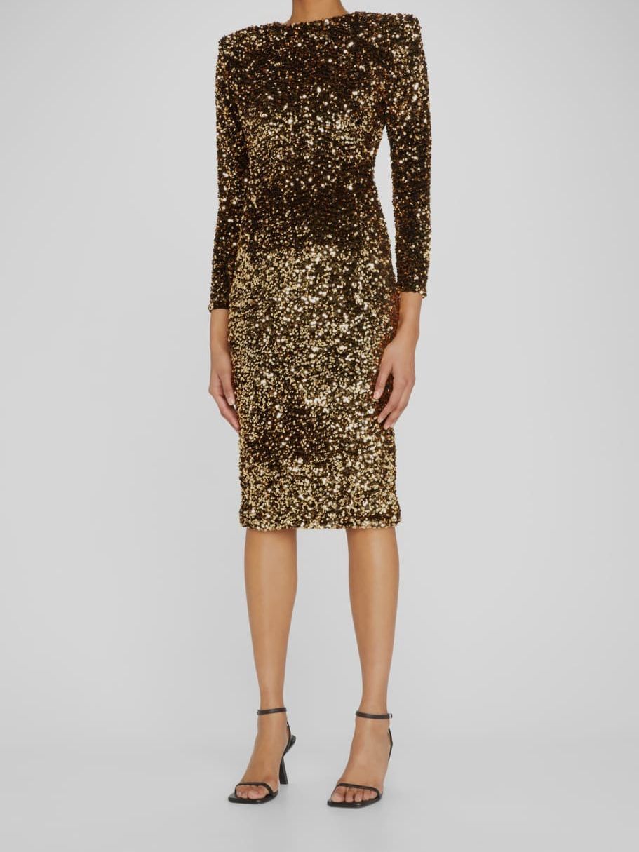 $1625 Sergio Hudson Women’s Gold Sequin-Embellished Cocktail Midi Dress Size 0