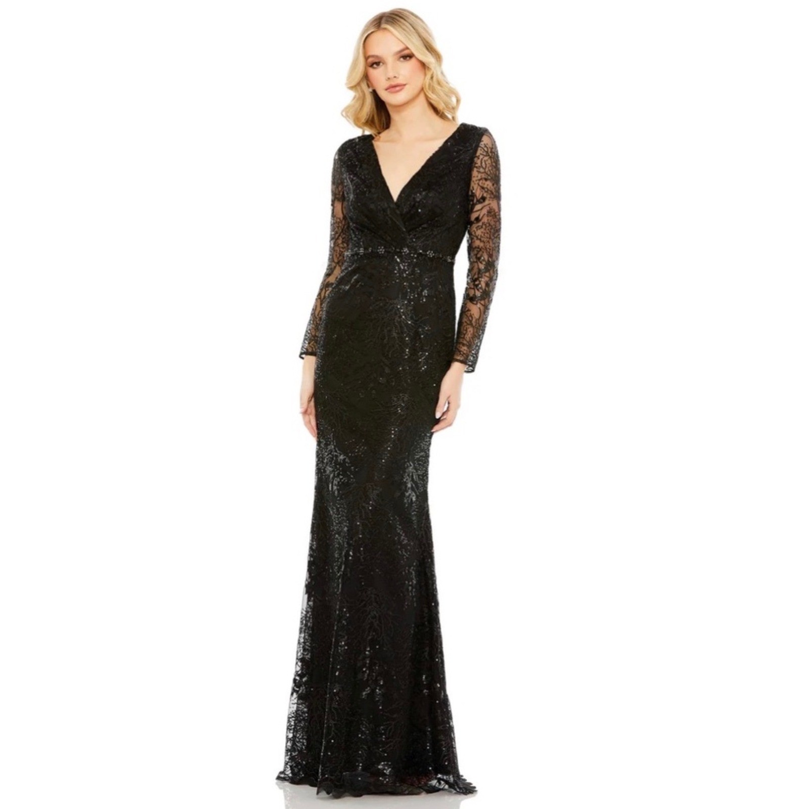 Mac Duggal 68016 Black Embellished Faux Wrap Long Sleeve Gown Size 24 $498