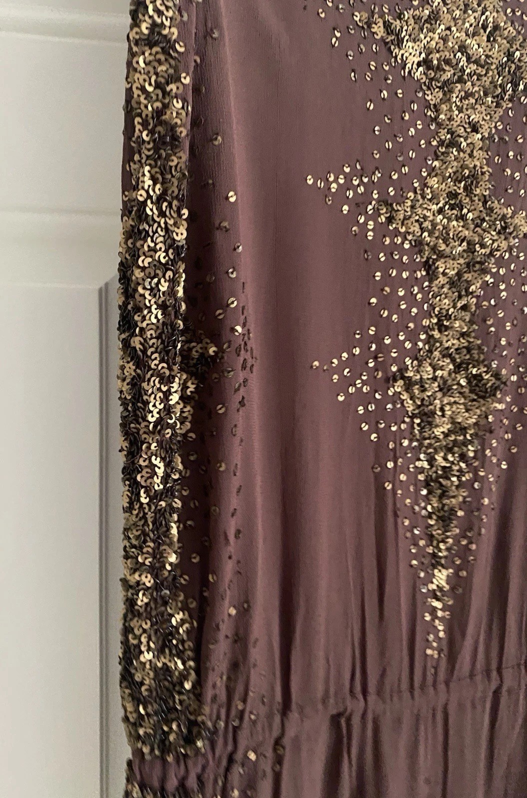 Antik Batik 100% viscose sequinned chocolate short belt dress check description