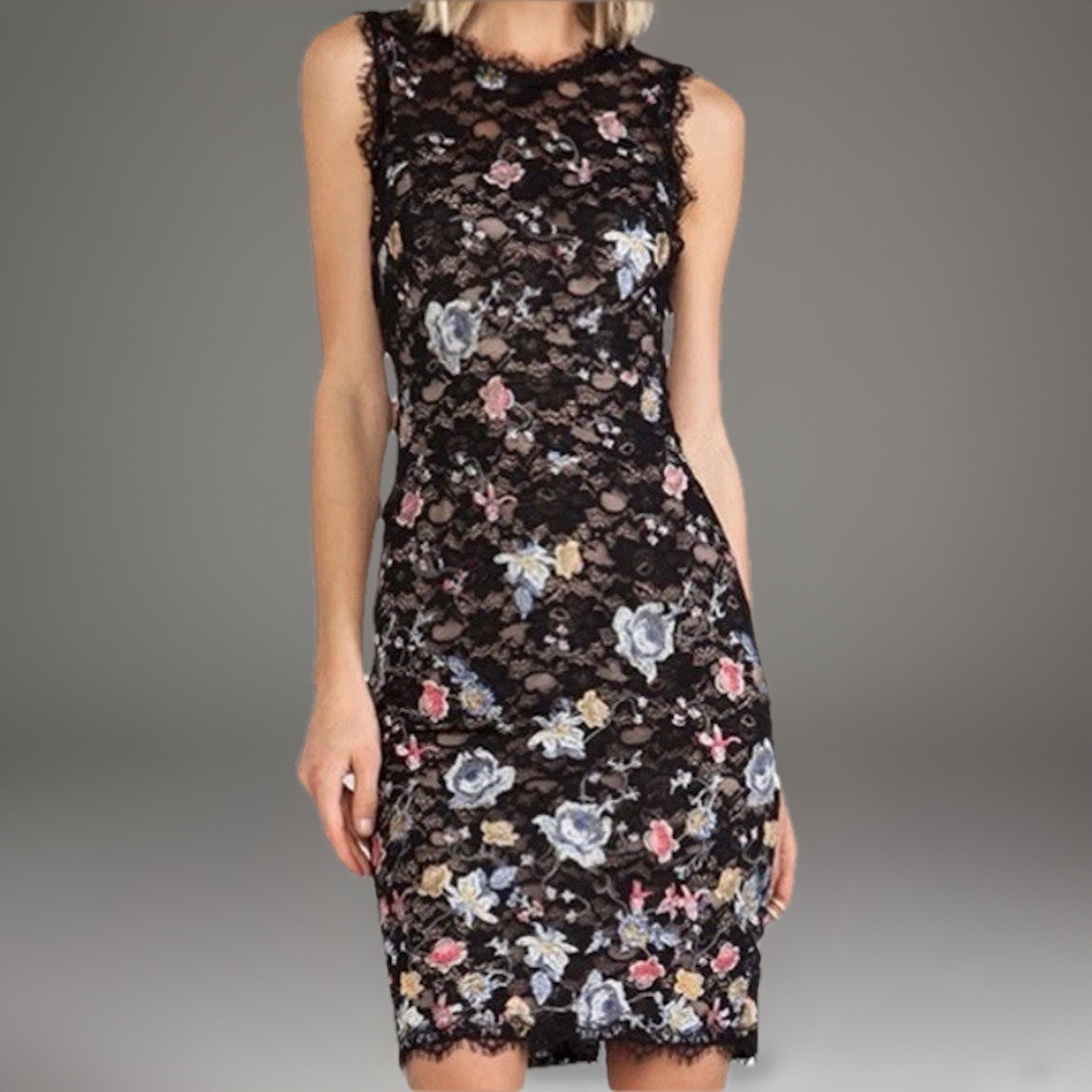 BCBGMaxazria Black Lace Bodycon Dress | Diame |Floral Embroidery | Dark Romance