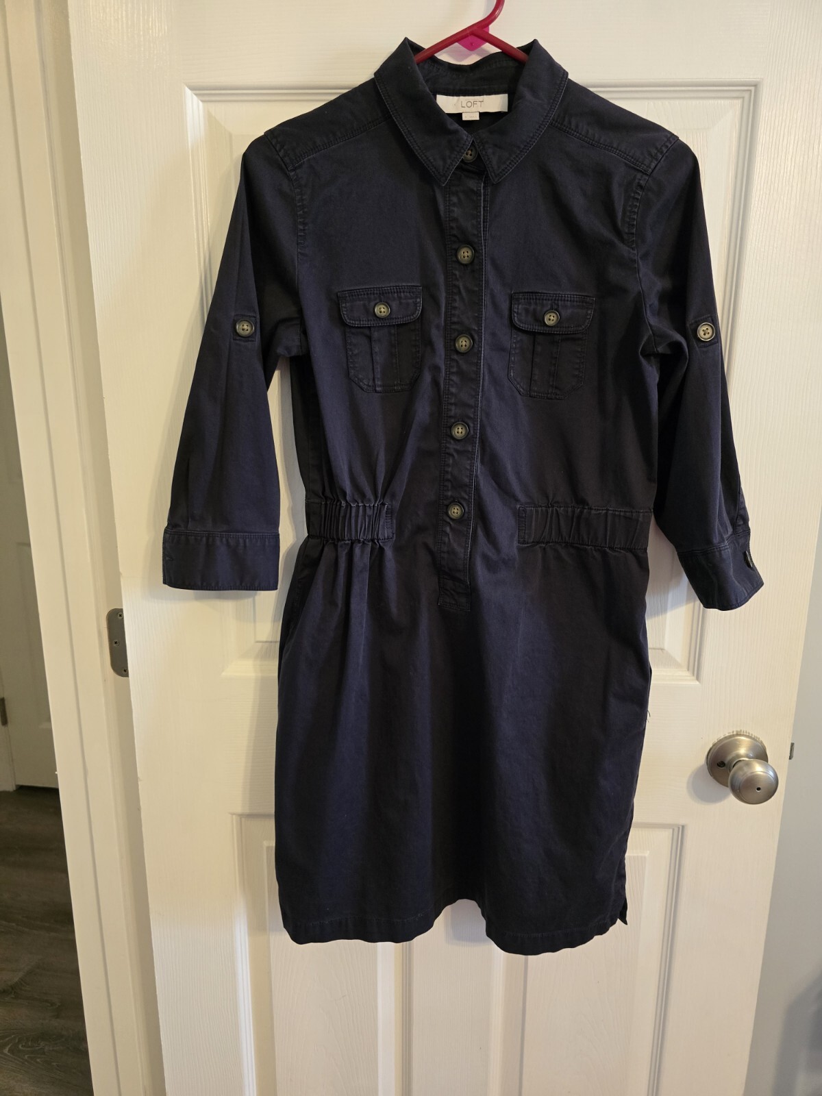 LOFT Navy Button Down Utility Dress XS Pockets & Rollable Sleeves Distressed