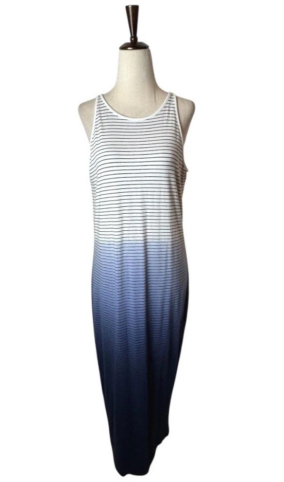 Athleta Dress Women Large Blue White Ombre Striped Sunkissed Midi Athleisure