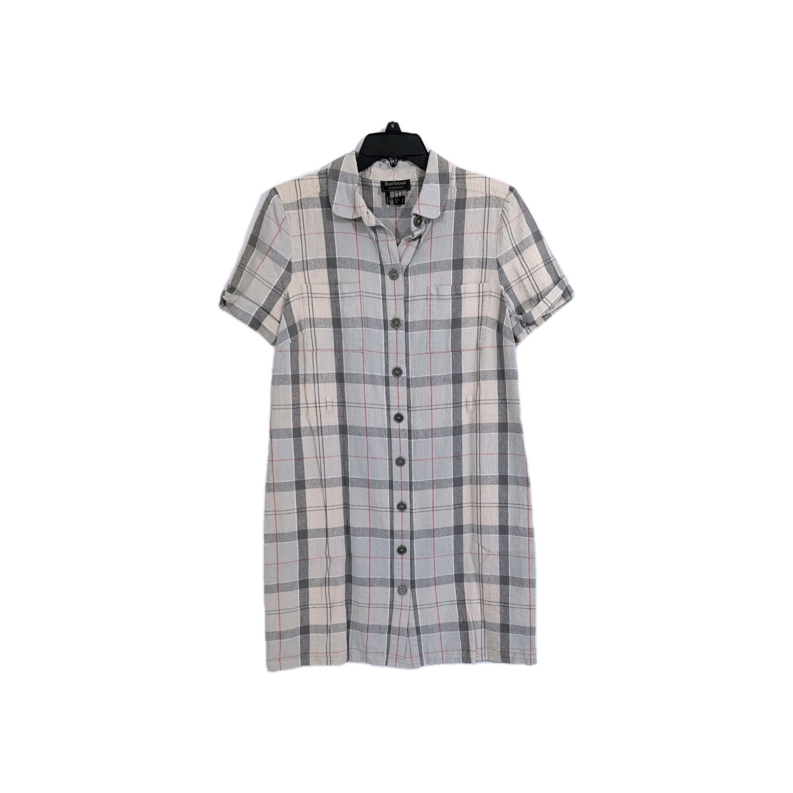 Barbour Tartan Plaid Dress 8 Women Short Sleeve Button Front linen cotton
