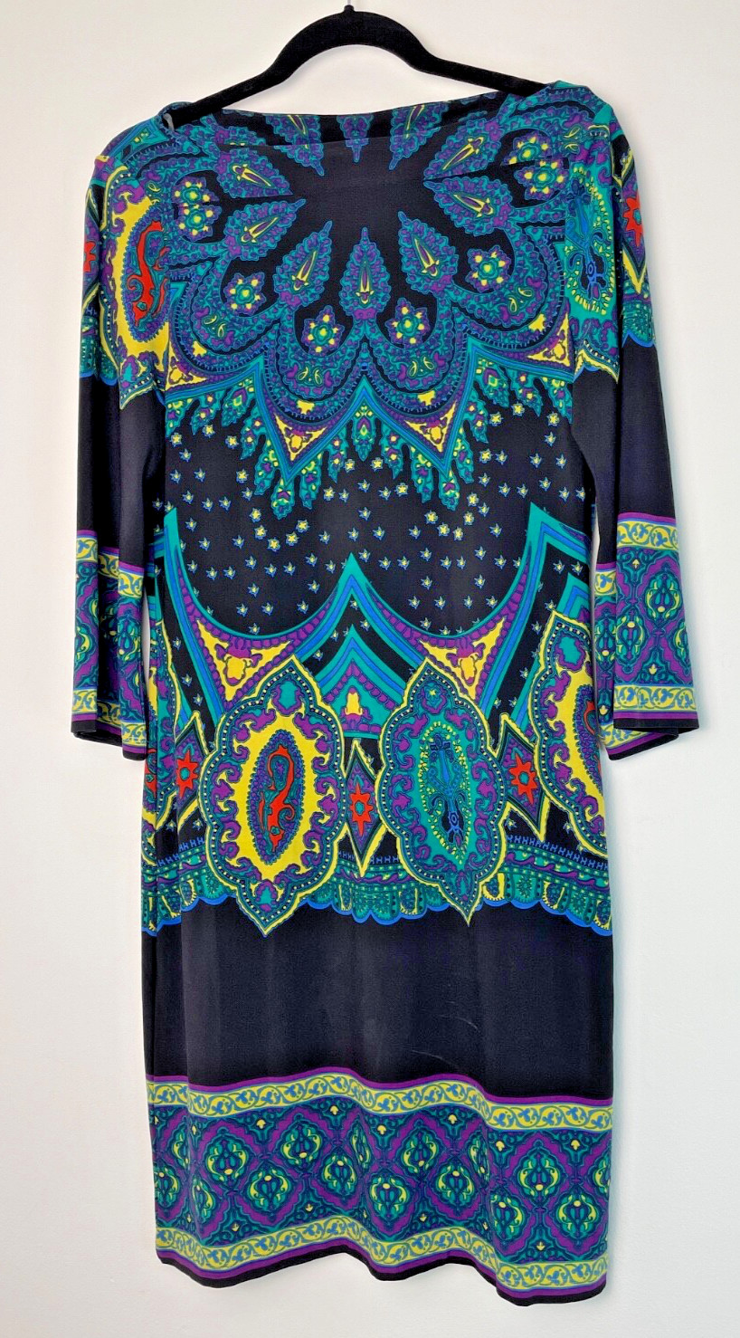 iCE Tunic Dress Polyester Spandex Size 8 Boat Neck 3/4 Sleeve Colorful Pattern