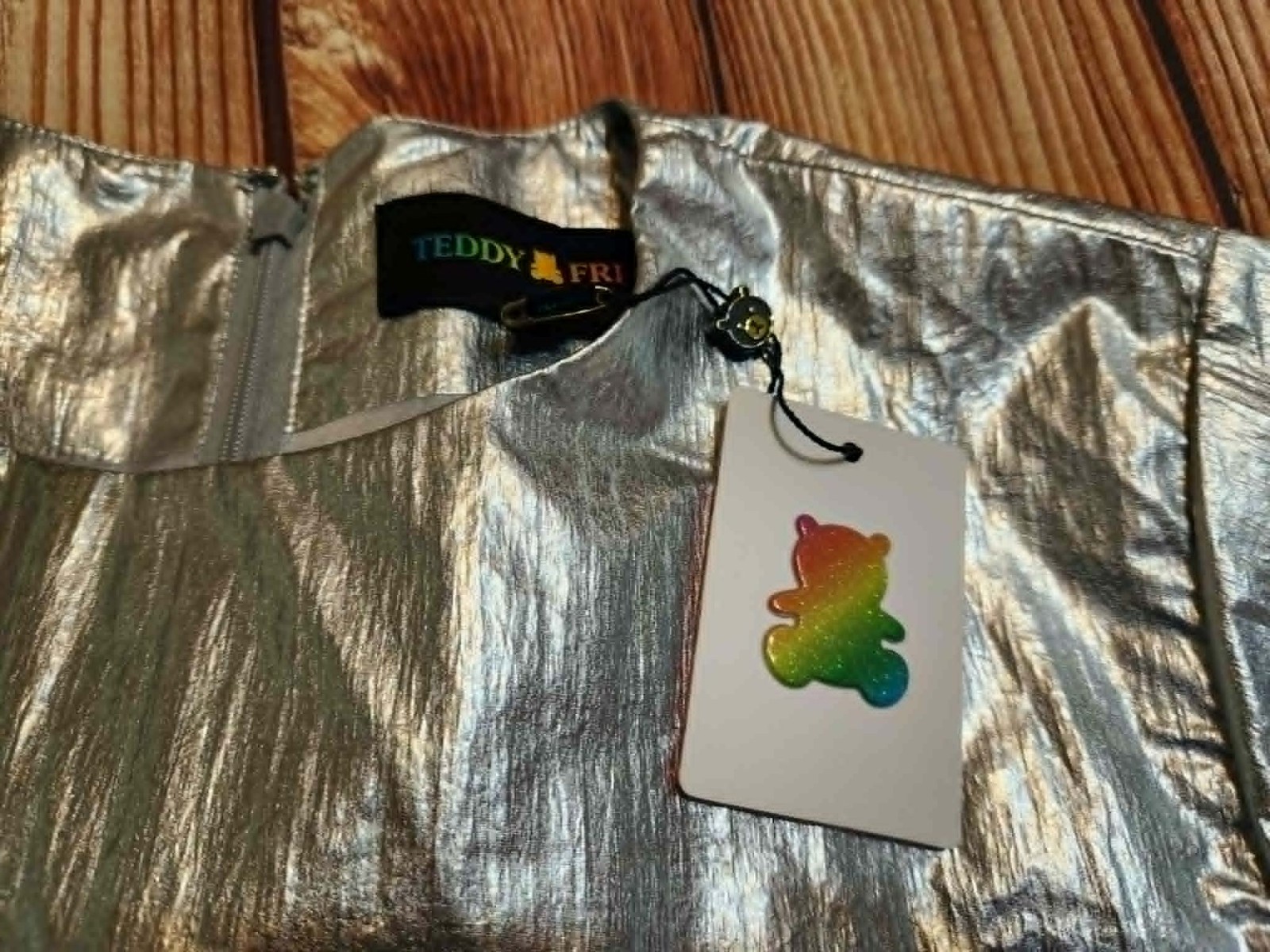 Teddy Fresh Silver Metallic Tiered Mini Dress Women’s Small NWT Futurist Y2K