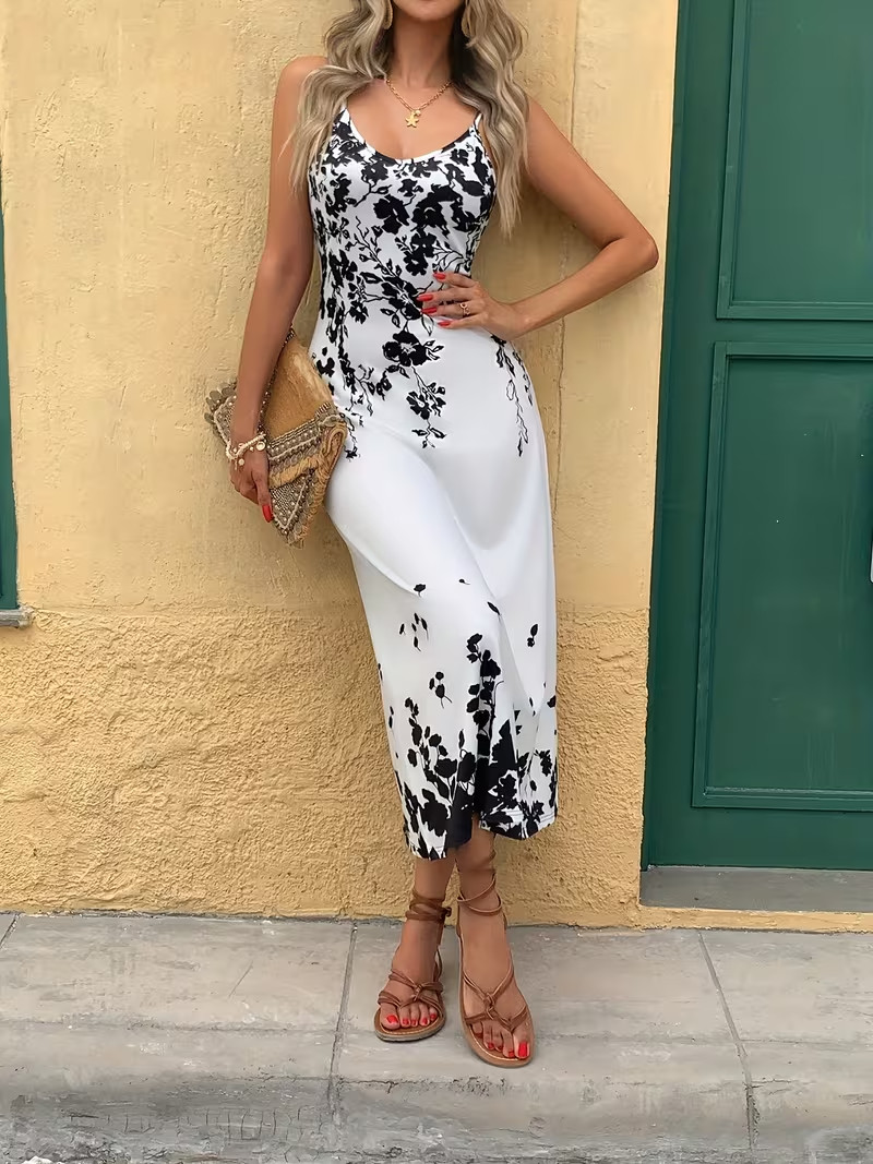 White Tropical Floral Maxi Dress Elegant Vacation Business Party Chic