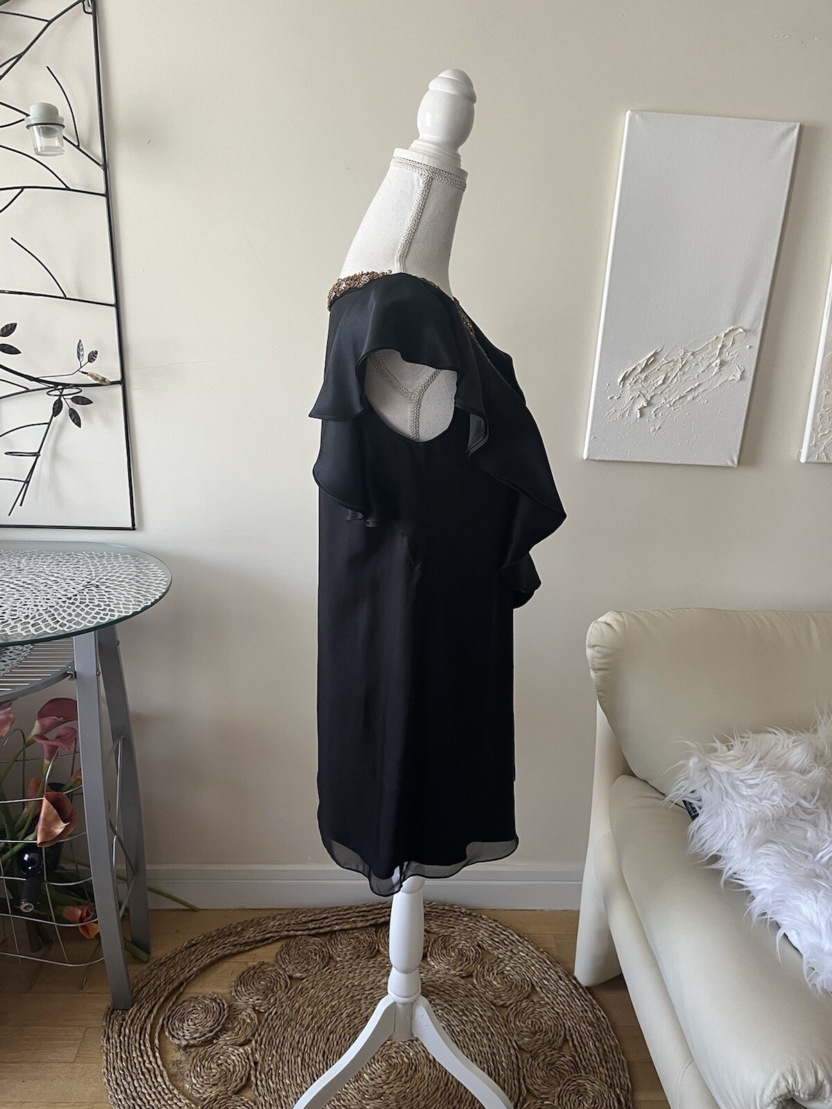 Alice + Olivia Vintage Black Silk Beaded Ruffle Mini Cocktail Dress sz Small EUC