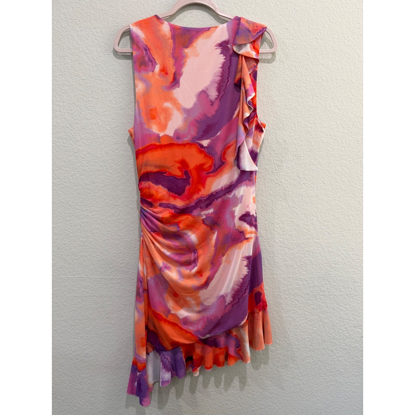 Rachel Roy Ruffle Mini Dress Multicolor XL Watercolor Mesh Ruched Asymmetrical