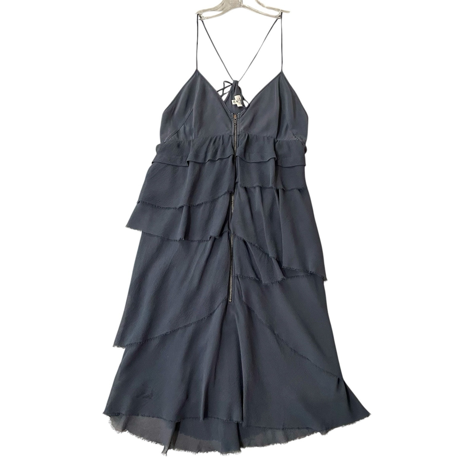 Aritzia Wilfred Dress Size 2 Gray Silk Tiered Exposed Front Zipper Mini Tie Back