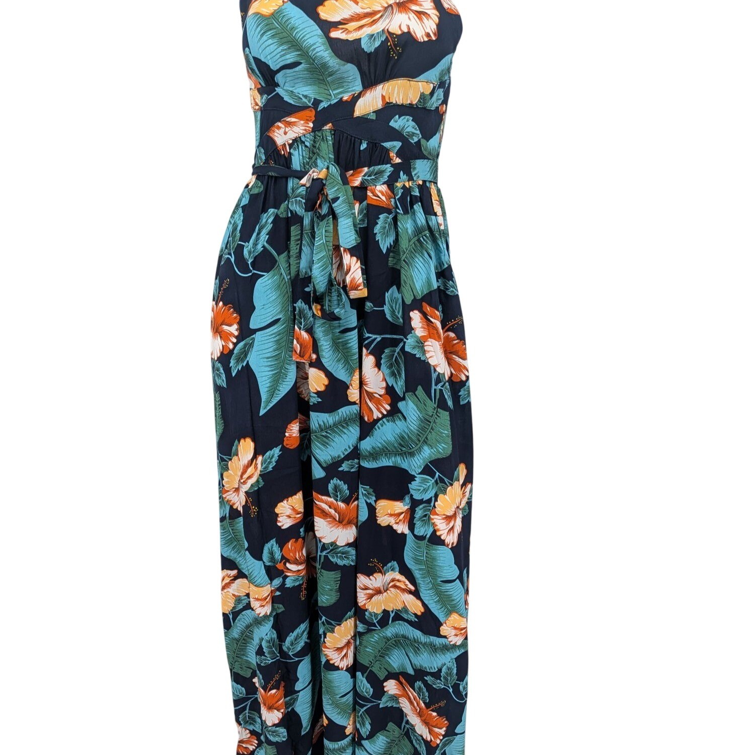 Floral Halter Maxi Dress Romantic Tropical Coastal Resort Open Back Boho Size XS